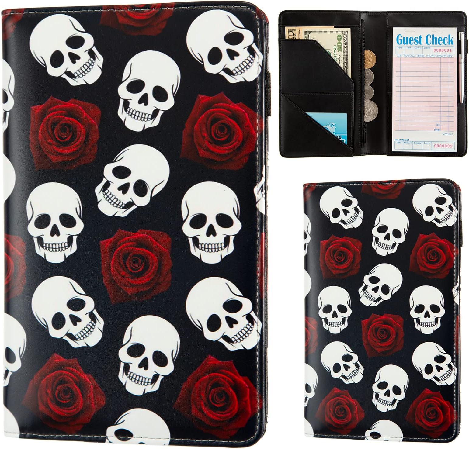 Server Books for Waitress,Cute Pocket Leather Money Organizer Wallet Note Pad Cash Bill Restaurant Guest Check Book Holder Pocket Presenter Fit Server Apron Waitress Book (Skull)
