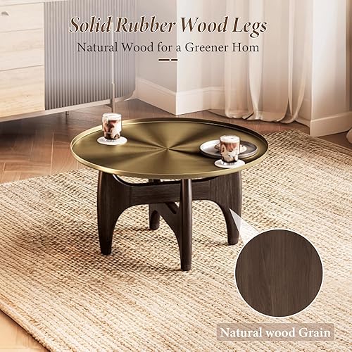 Miniatura 5 de Mesa de centro moderna de madera de nogal, mesa de centro redonda de 29 pulgadas con bandeja de acero inoxidable dorado cepillado, mesa de té de
