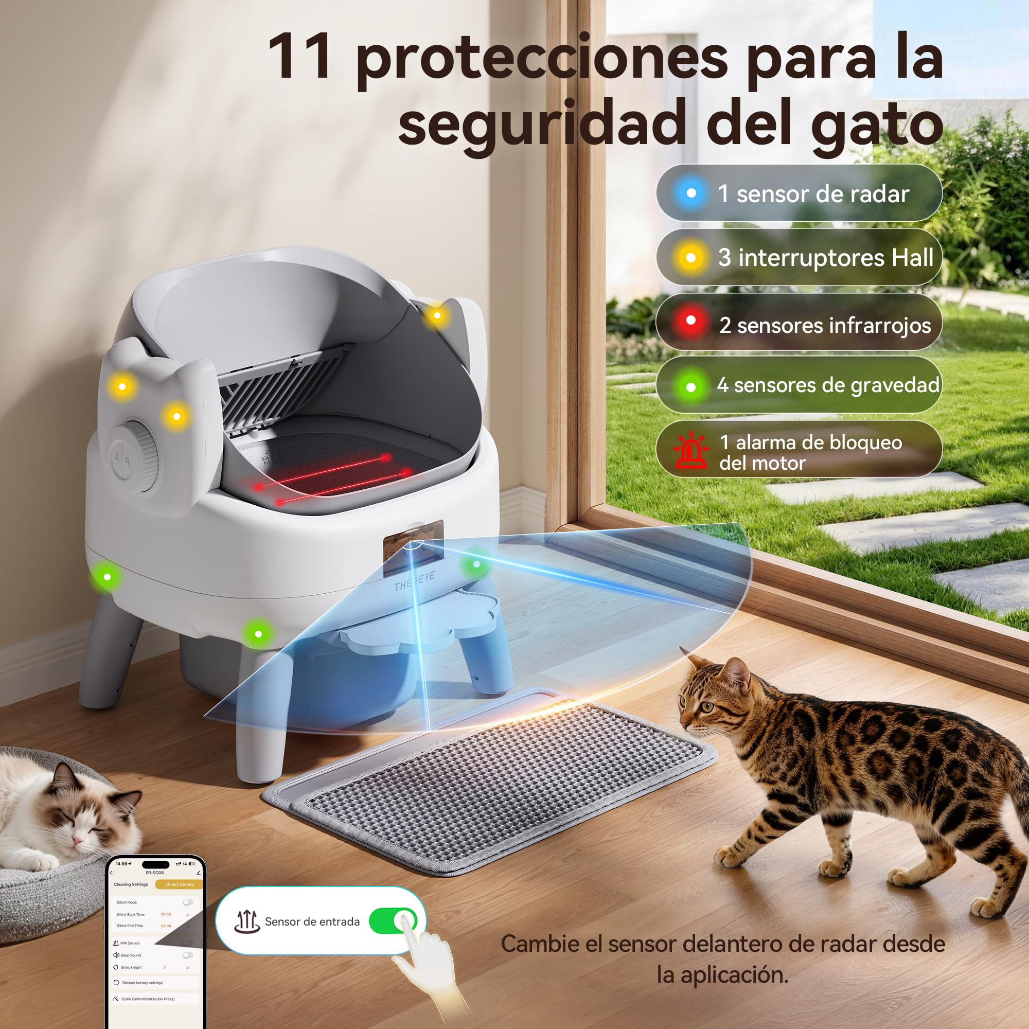 Thereye Arenero Gatos Autolimpiable con Escalón de Entrada,Arenero Automático de Diseño Abierto con Control por Aplicación,Sensor de Seguridad,Protección Anti-atrapamiento y Eliminación de Olores