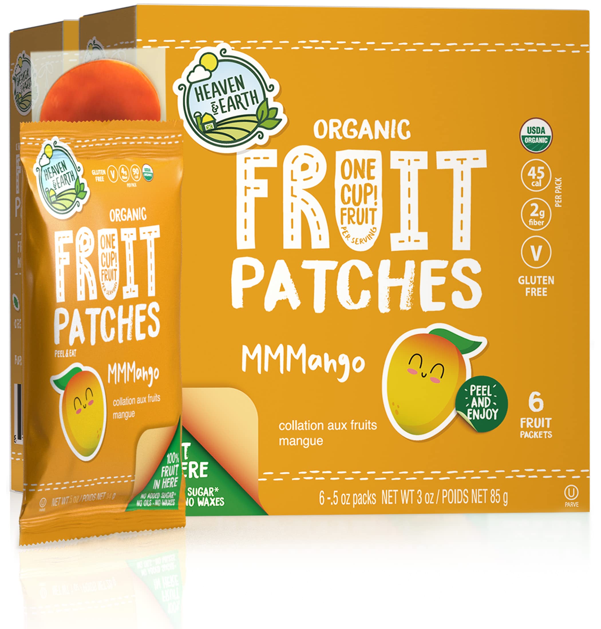 Heaven & Earth Organic Mango Fruit Patches, 3oz (2 Boxes of 6 Packets) | All Natural Fruit Snack, Real Fruit, Healthy Snack Pack, Fiber Packed, Gluten Free & Vegan