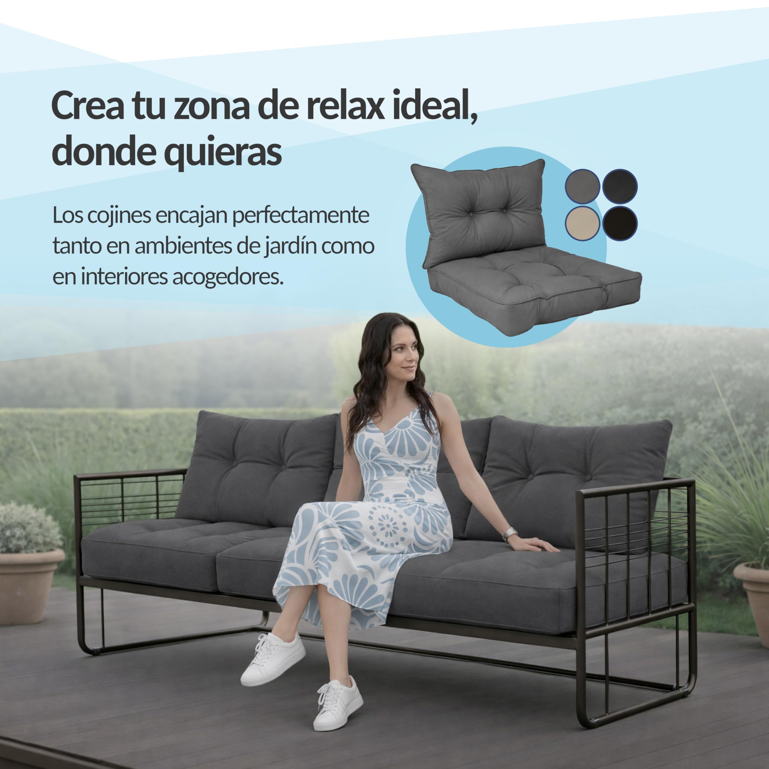 POKAR Set de 2 Cojines para Silla de Exterior: Asiento 50x50x10 + Respaldo 50x40x10 cm | Impermeable y Repelente al Agua | Cojines para Muebles de Jardín, Terraza y Ratán | Made in EU | Beige