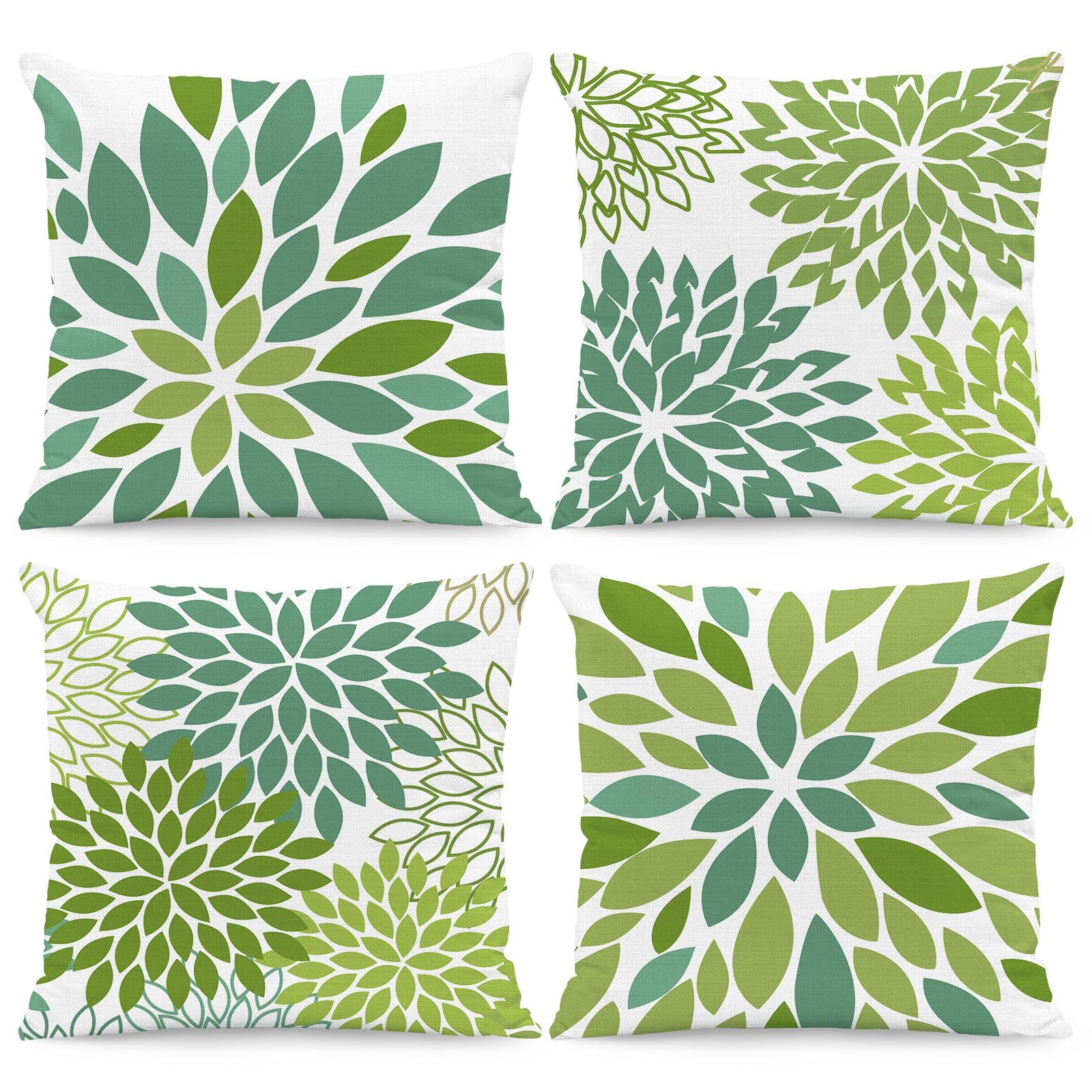 Hopomoon Set 4 Federe Cuscino Piante verdi, Lino bianco 45x45cm, Cerniera invisibile, Lavabile