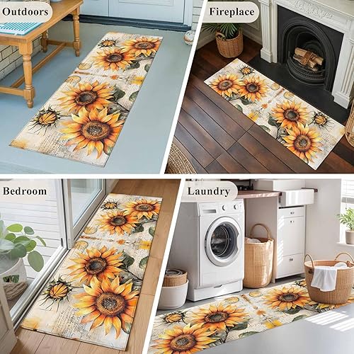 Miniatura 6 de 2x6 Kitchen Runner Rug, Sunflower Flowers Retro Non-Skid Rubber Backing Large Rectangle Rugs - Living Room Bedroom Home Office, Watercolor Botanical