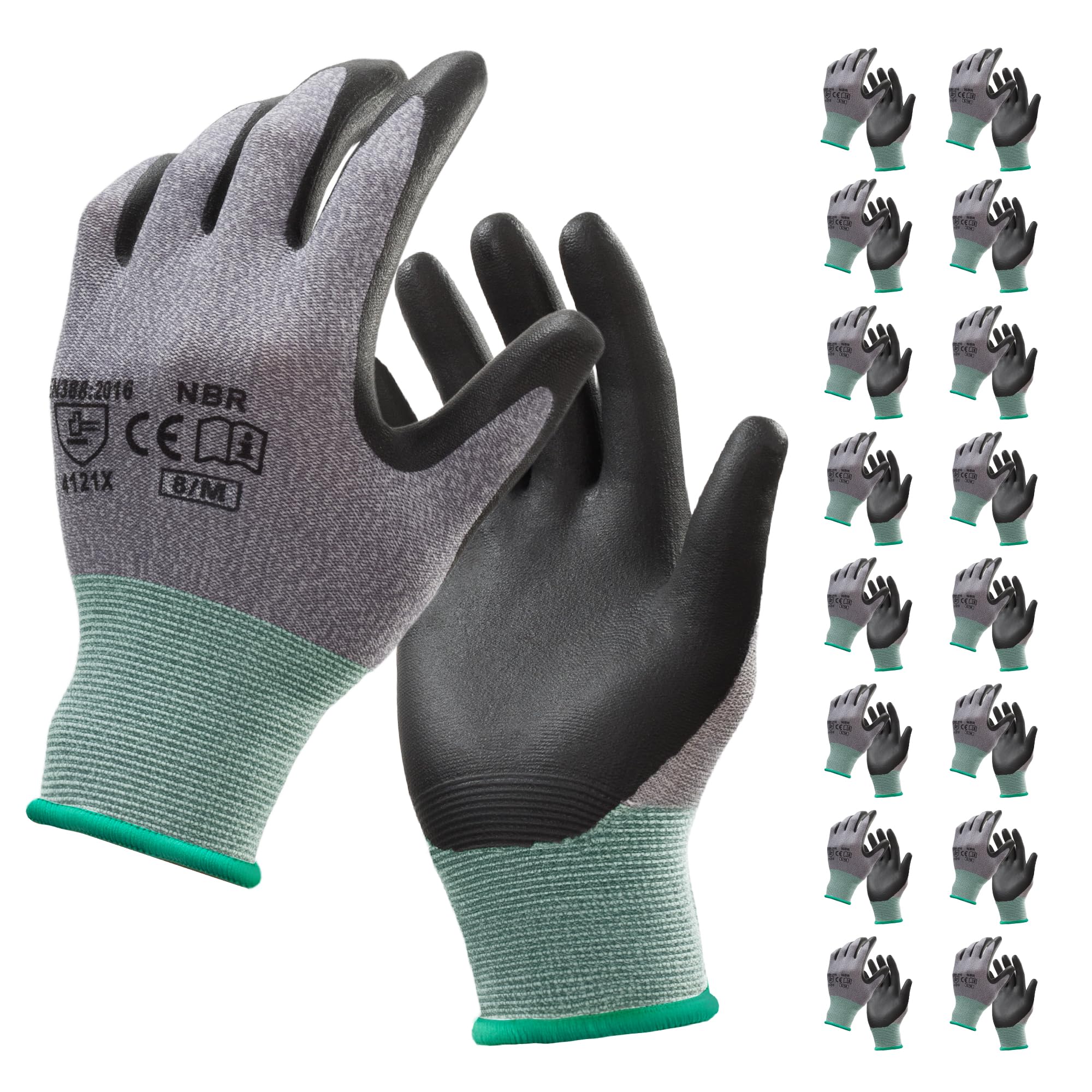 S SATC 16 paires de gants de travail en tricot fin 15 gauge pour hommes et femmes, avec revêtement en mousse de nitrile - Pour maintenance, construction mécanique, logistique (8/M)