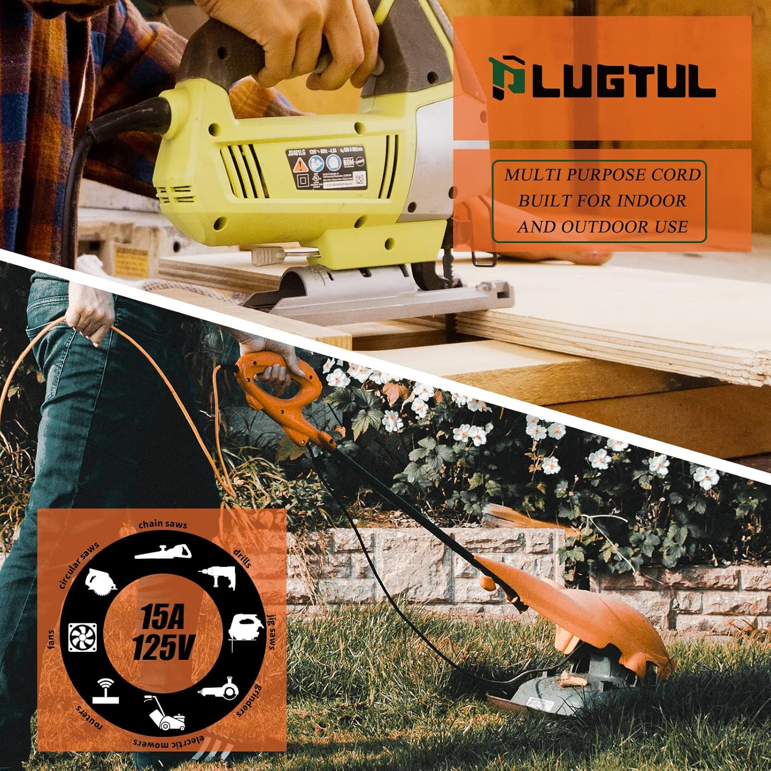 PLUGTUL 50 FT 12/3 Outdoor Extension Cord Waterproof, Heavy Duty 12 Gauge SJTW Extension Cord, 15A 1875W, ETL Listed, Great for Garden and Home, Orange