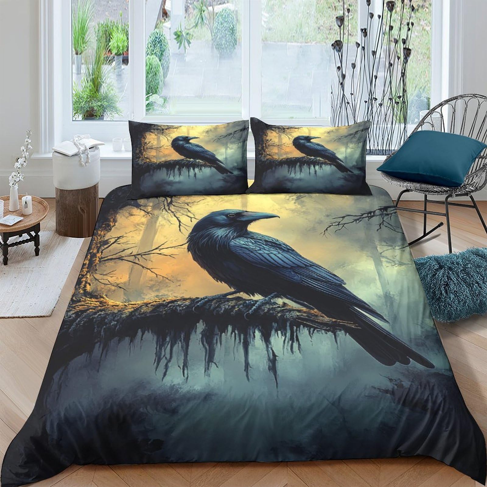 Ctjqhvkz Style-1 3D Printed Raven Forest Fitted Sheet Microfiber Black Bird Mattress Cover Bedroom Decor Machine Washable Single（135X200cm）