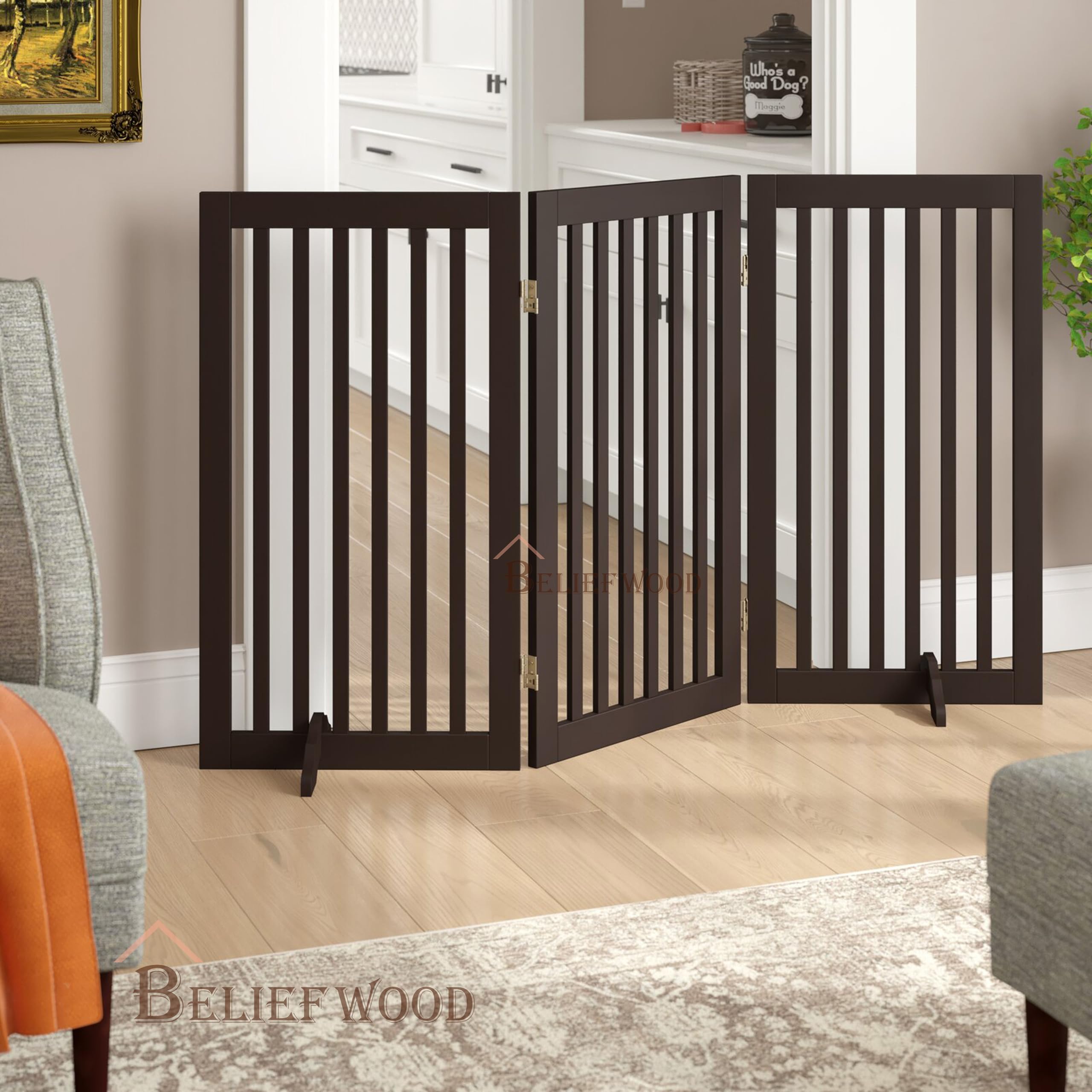 Freestanding Wooden Pet Gate for Dogs, 2 Panel Foldable Dog Fence, No Drill Indoor Safety Barrier, Room Divider for Doorways, Hallways & Kitchen, Brown, 100 x 60 cm (3 Panel)-image-23