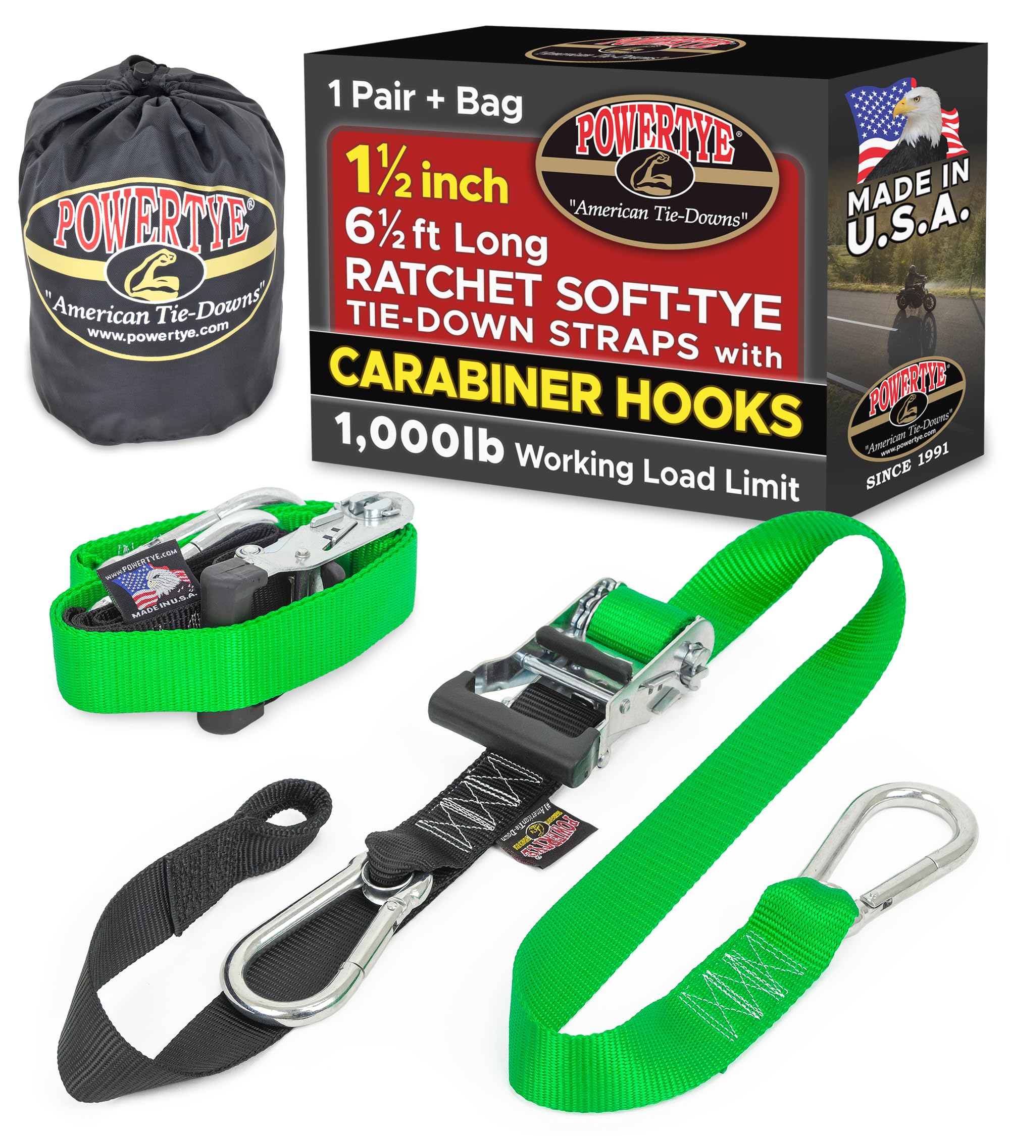 PowerTye 1.5 inch x 6.5ft Ratchet Straps w/Carabiners, Green/Black Pair+Bag