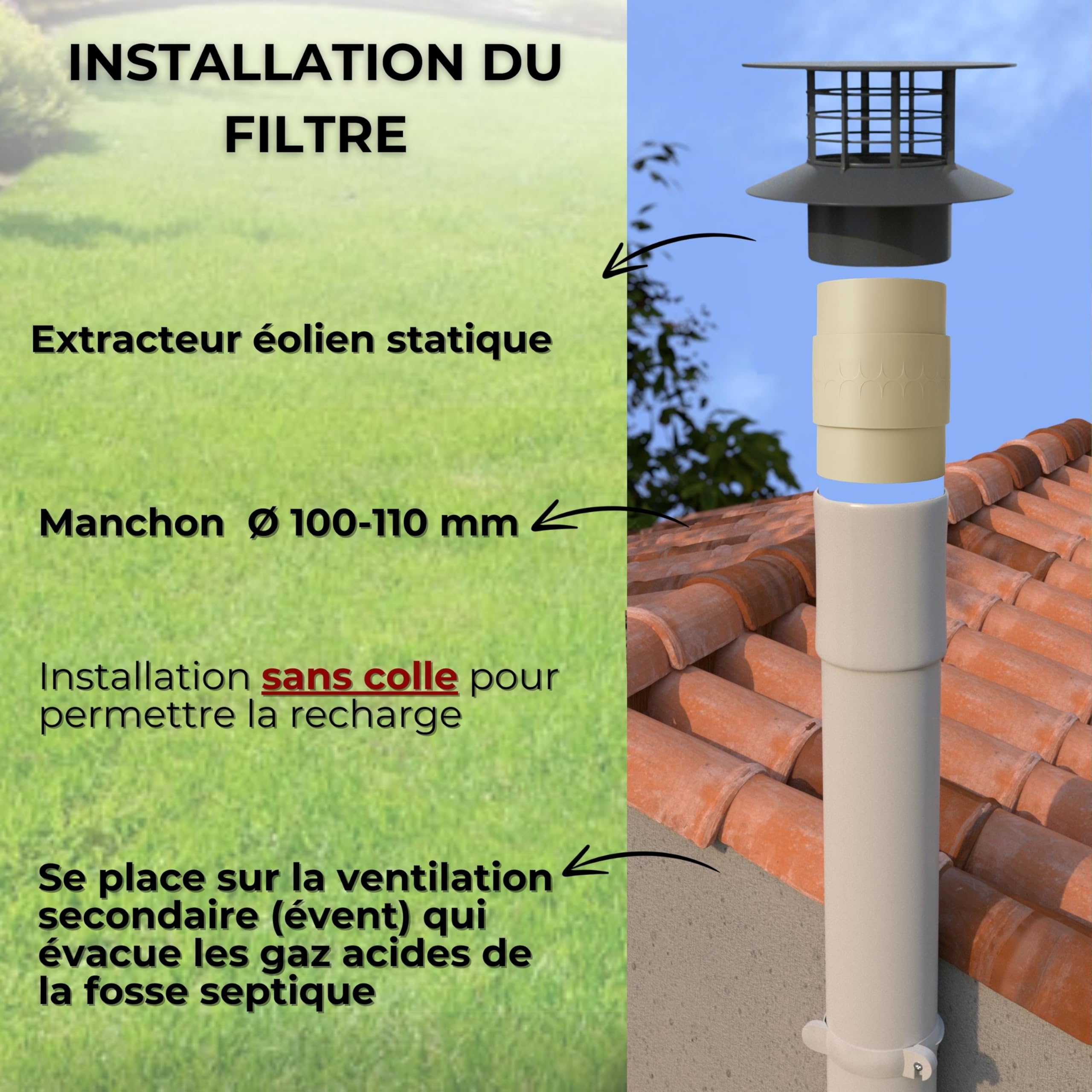 Filtre Anti-Odeurs Epur-100-110 Haute Performance au Charbon Actif Anti-H2S, Ø 100-110mm, Solution sans Collage, pour Fosse Septique & Toutes Eaux, Rechargeable & Robuste – HYDRODIV