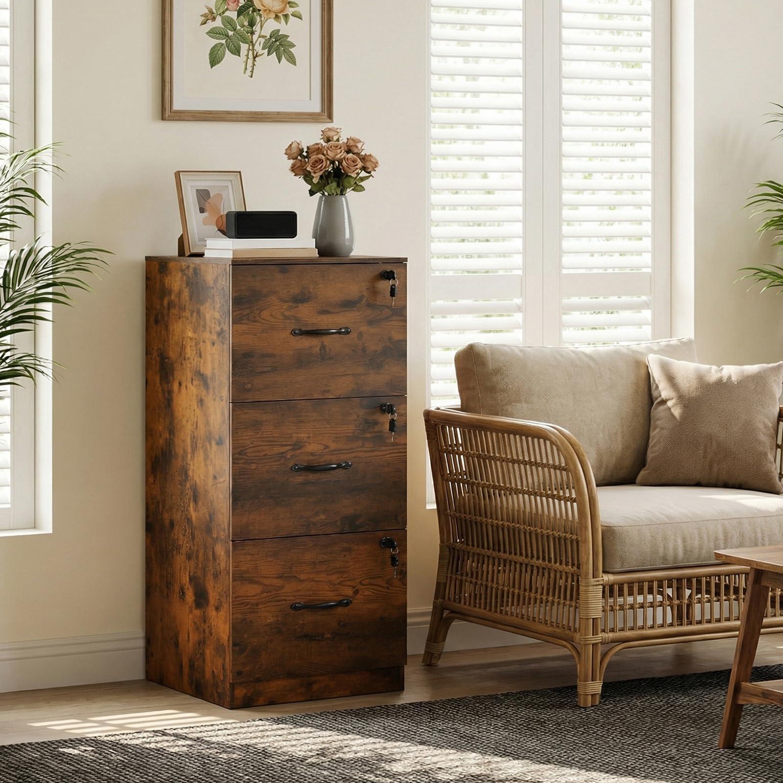 Cajonera Oficina, Cajonera Escritorio con 3 Cajones Cerradura y Llaves, Multiusos Armario Archivador con Barras Colgantes para Oficina Escritorio Casa,103.5cm Alto