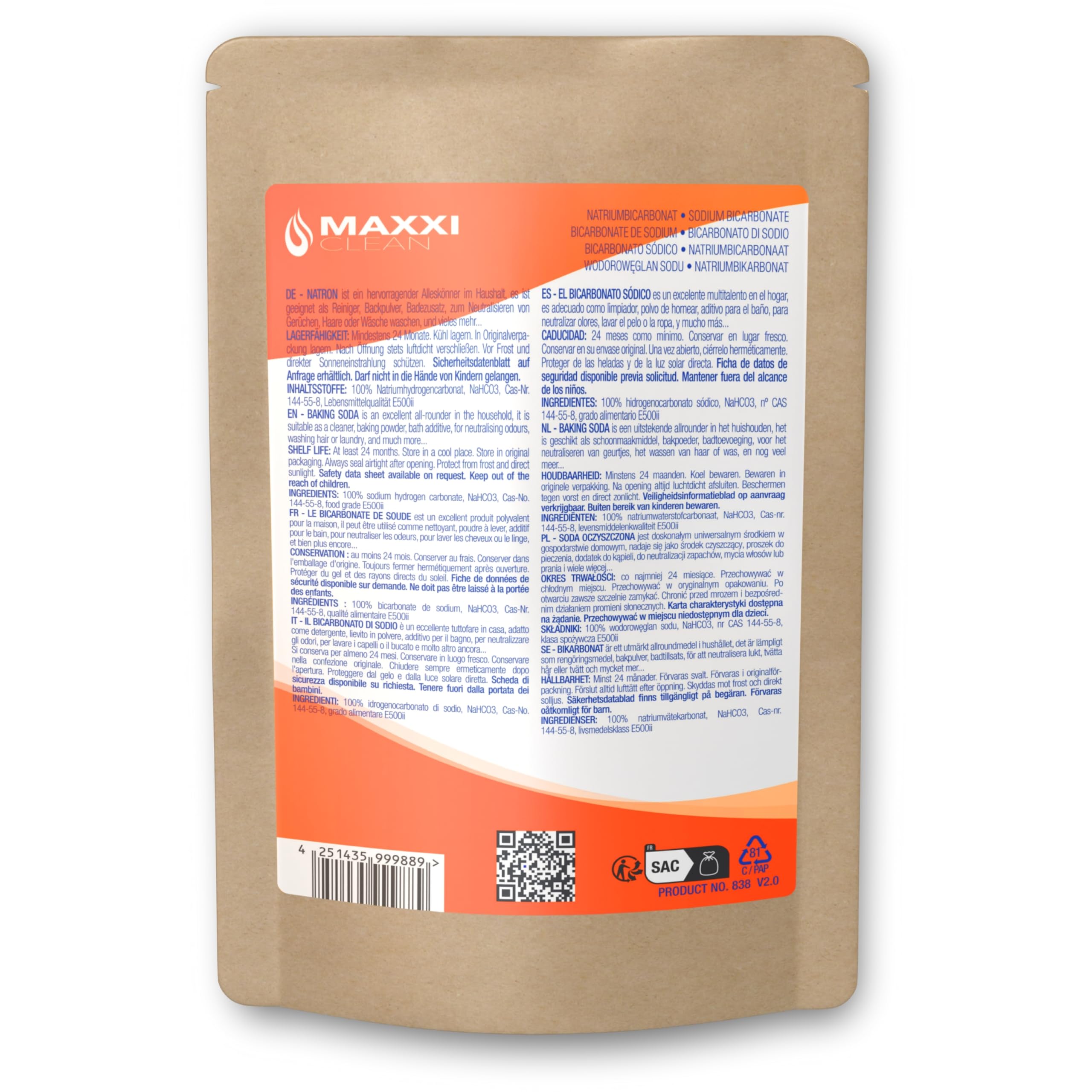 Maxxi Clean bicarbonato de sodio 900 g polvo para cocina hogar limpiar hornear grado alimenticio