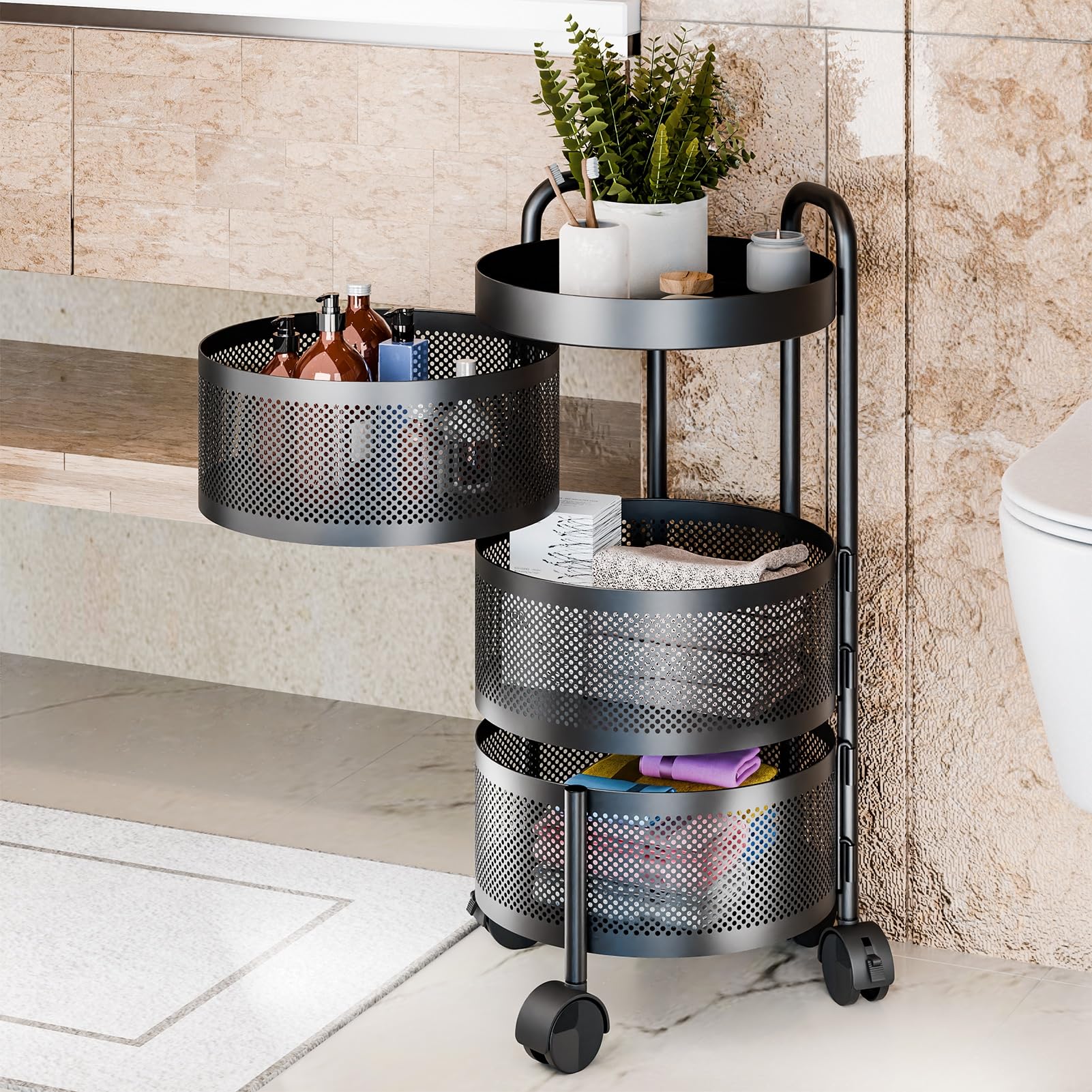 funrautz Rotating Vegetable Rack, 4 Tier Rolling Vegetable Fruit Storage Basket, Potato Storage Shelf Cart with 360 Degree Wheels, Round Kitchen Trolley for Vegetable Fruit Snack Onion Black