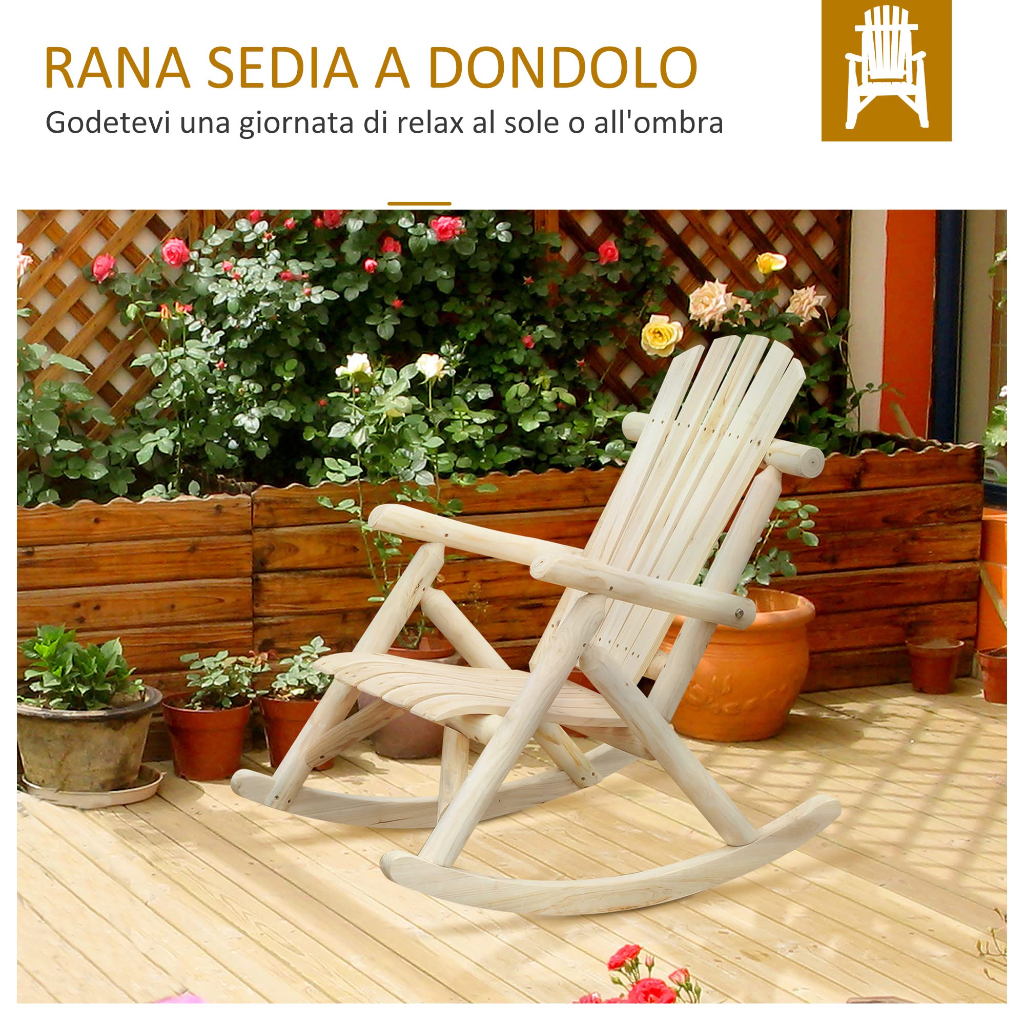 Outsunny Silla mecedora de jardín, estilo Adirondack, de madera de abeto, diseño ergonómico, color madera, 96 x 66 x 98 cm