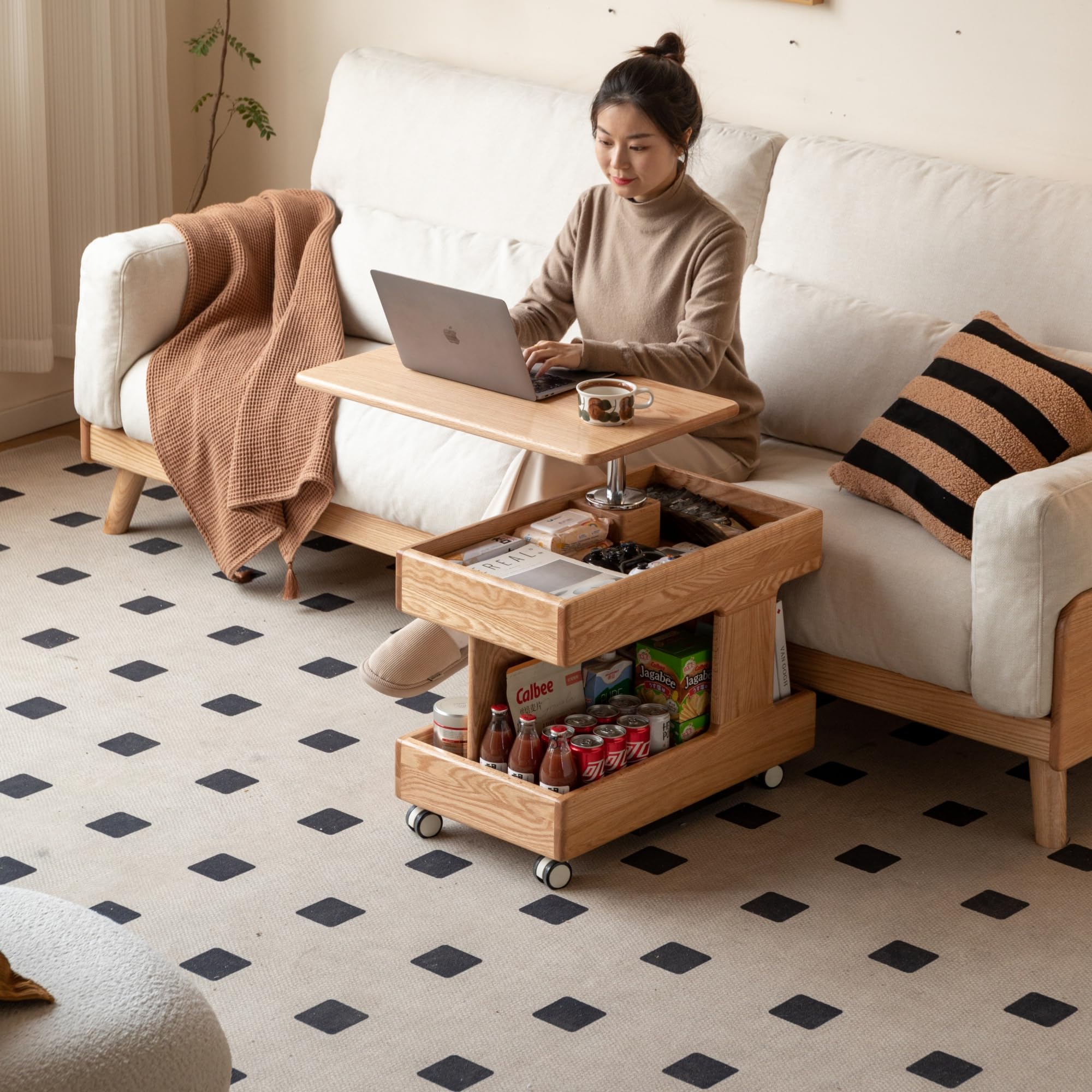 Vadisun 100% Solid Wood Lift Top End Table with Swivel Top, Sofa Couch Table with Wheels, Small Bedside Table for Living Room, Recliner and Small