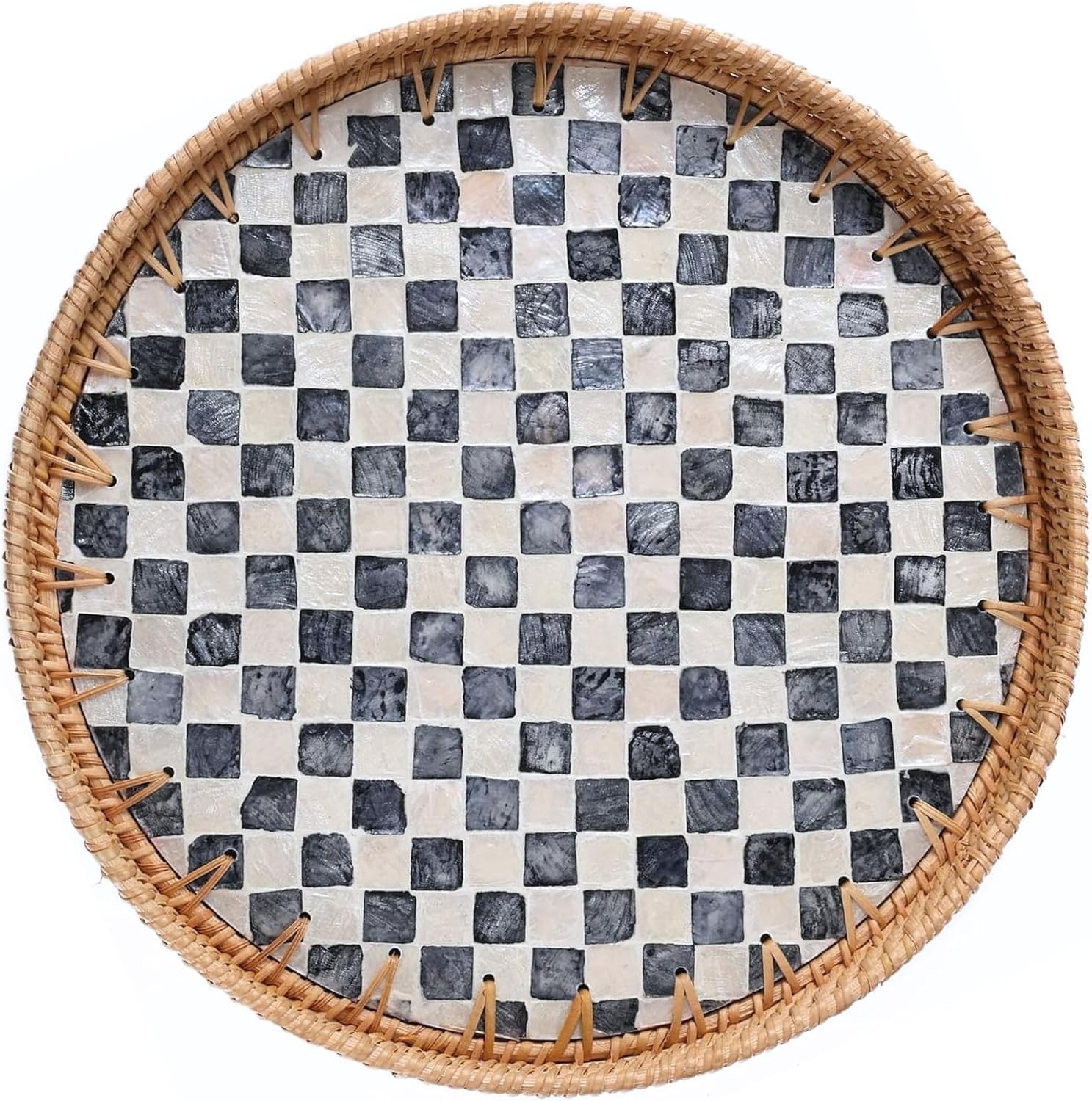 14-inch Rattan Checkered Tray with Mother of Pearl, Round Coffee Table Tray Decor, Round Wicker Boho Decorative Woven Serving Tray (Checkerboard)