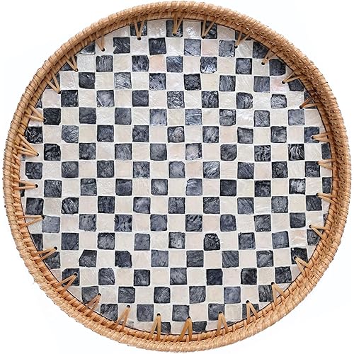 14-inch Rattan Checkered Tray with Mother of Pearl, Round Coffee Table Tray Decor, Round Wicker Boho Decorative Woven Serving Tray (Checkerboard)
