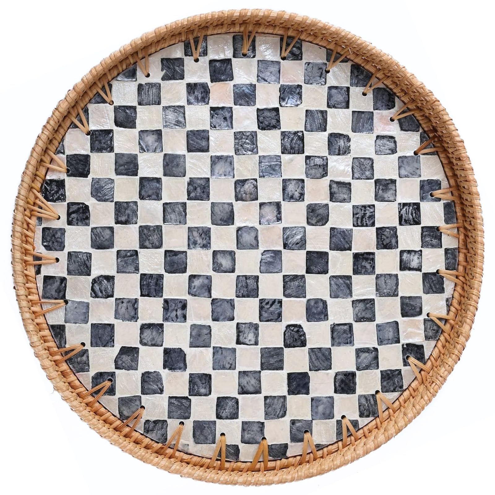 Bandeja de ratán a cuadros con nácar, bandeja redonda para mesa de café decorativa de 12 pulgadas, bandeja redonda de mimbre boho decorativa tejida (tablero de ajedrez)