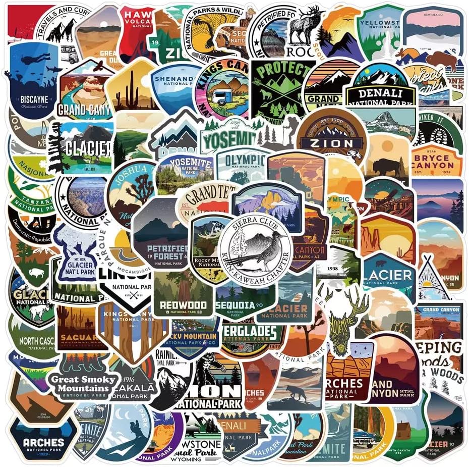 National Park Sticker Pack Set (100 pcs) | Adventure Nature Outdoors Hiking Camping Skiing Travel Stickers | Cool Suitcase Stickers Decals for Car Bumper Luggage, Laptop, Water Bottle, Phone Case
