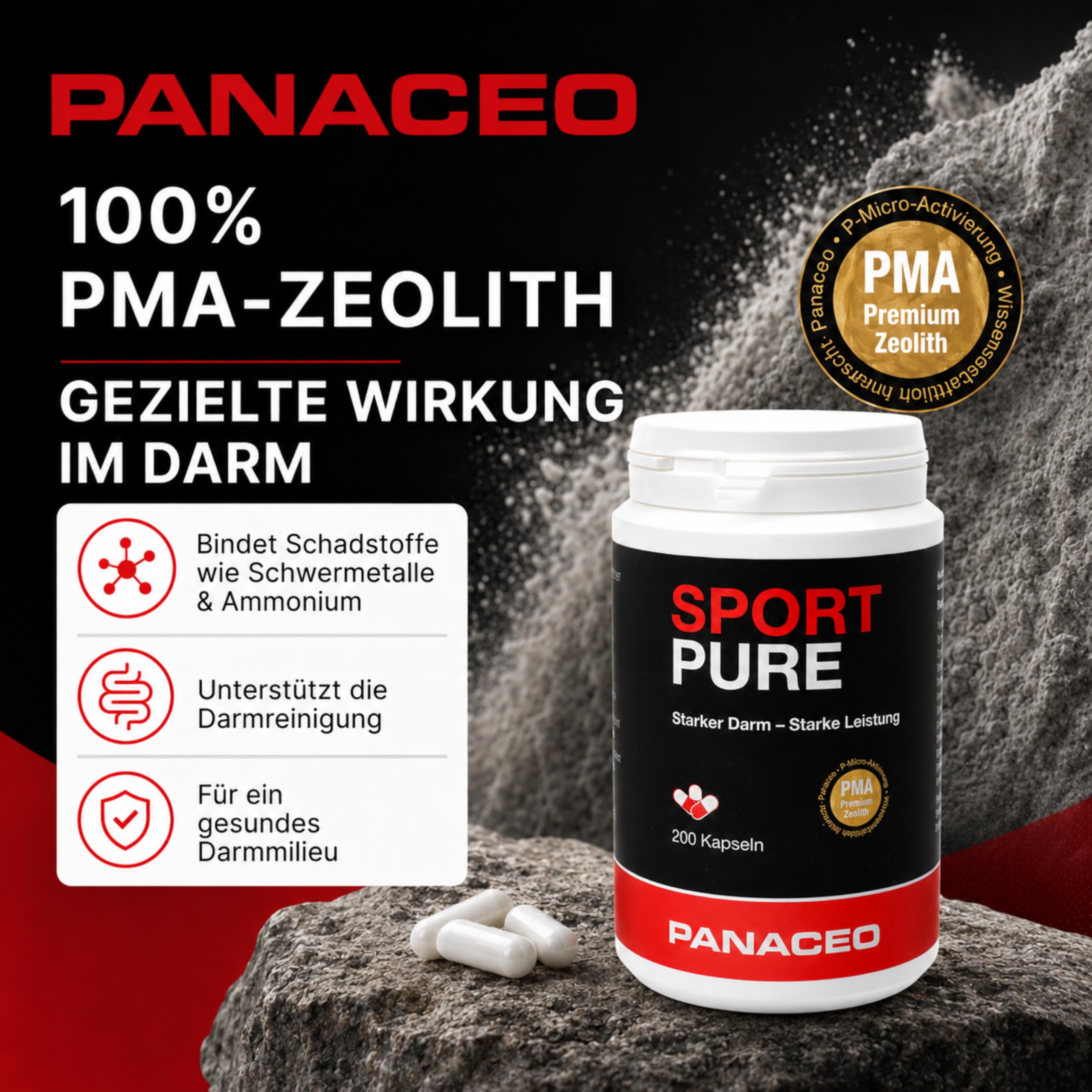 PANACEO Sport Pure – 100% PMA Zeolith 200 Kapseln – Ergänzungsmittel zur Optimierung der Leistungsfähigkeit & Regeneration – Stärkt den Magen-Darm-Trakt, das Immunsystem & reduziert die Laktabelastung