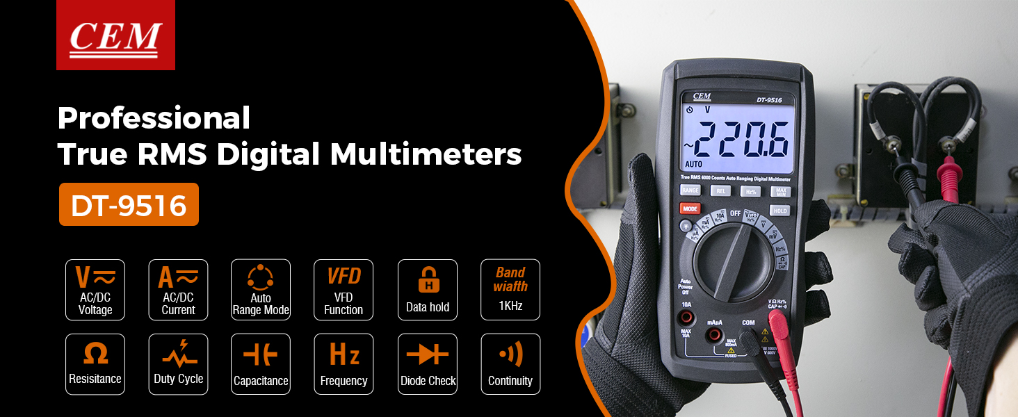 Image of CEM Digital Multimeter DT-9516,VFD Auto-Range 6000 Counts True-RMS 1000V AC /DC NCV, Measures Voltage Current Resistance Capacitance Frequency Duty Cycle,Tests Diodes Transistors,1KHZ