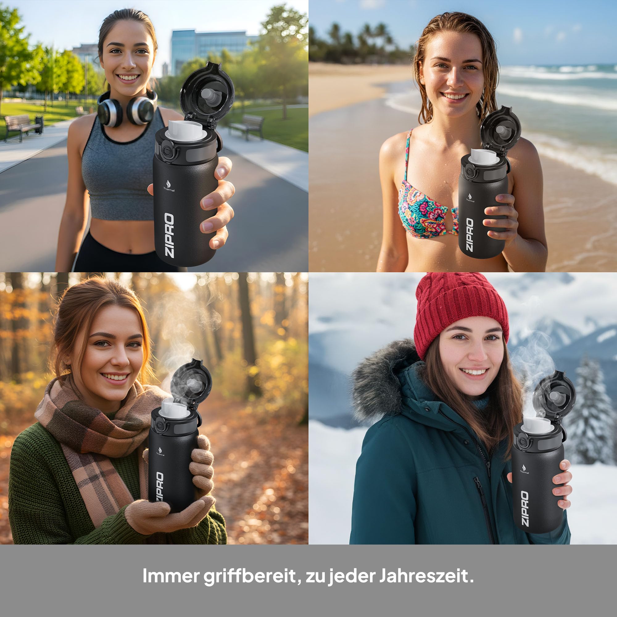 ZIPRO Thermobecher Edelstahl 1000ml – Große Isolierflasche mit Tragegriff – Hält 12h Warm & 24h Kalt – Vakuumisoliert, Auslaufsicher – Outdoor Reisebecher für Camping & Sport – Schwarz