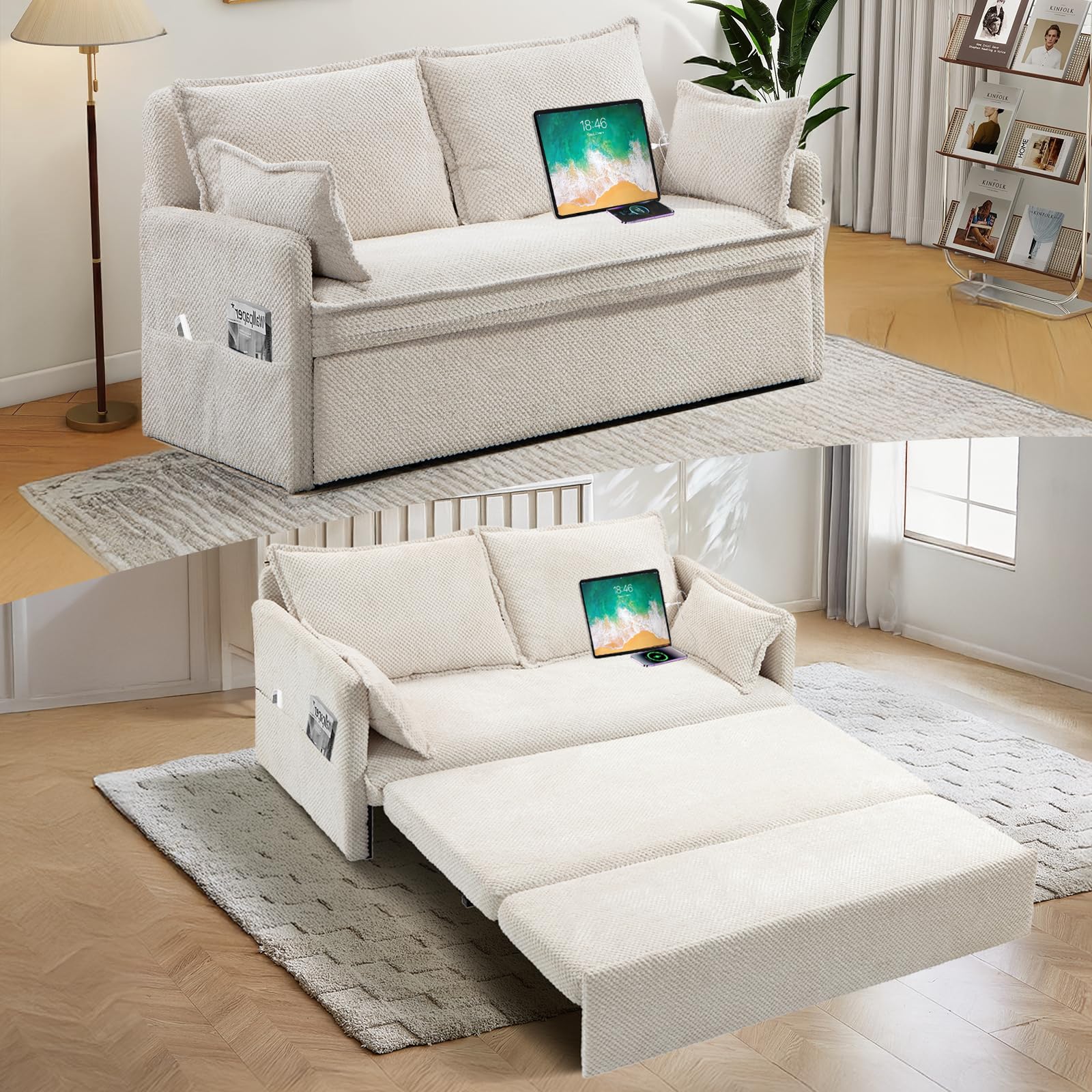 MJQFVM 3 in 1 Convertible Sofa Bed-Queen Size Sofa Bed, 60'' Corduroy Pull Out Couch with Side Pocket, Loveseat Sofa with USB/Type-C Ports, Sleeper