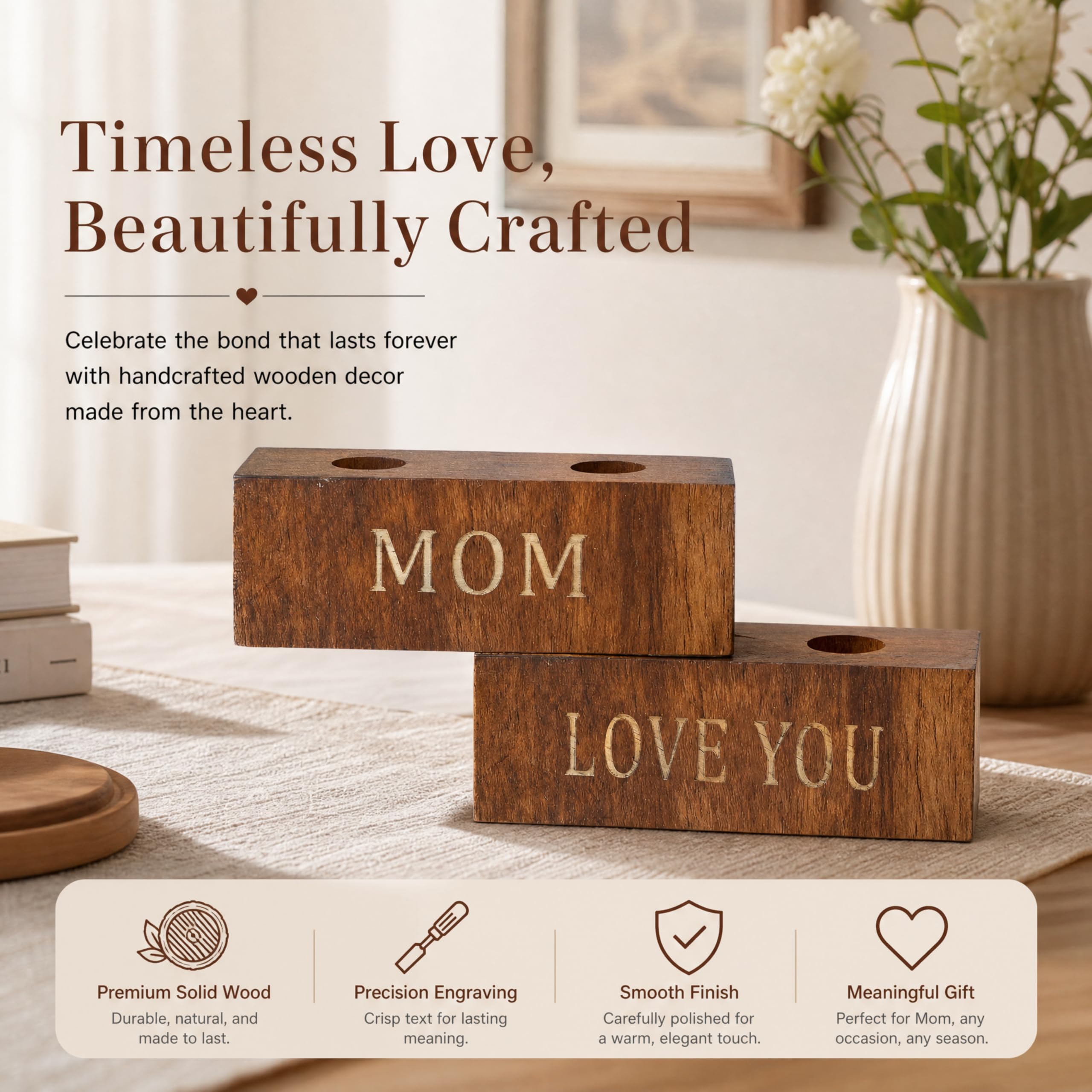 Mini magnetyczne drewniane wazony z grawerunkiem MOM & Love You – drewniane klocki z probówkami, dekoracja stołu i lodówki, prezenty dla mamy od córki, wyjątkowe prezenty urodzinowe dla mamy od syna