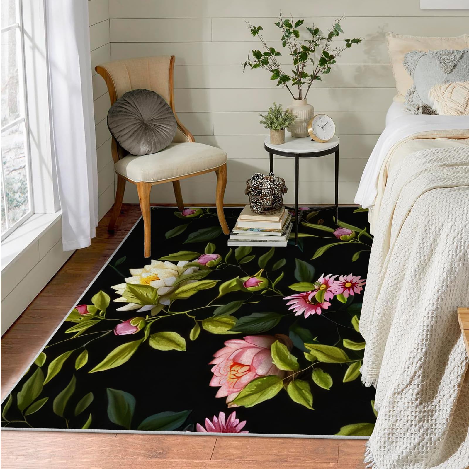 Teppich Quadratisch 150x150 Blumen Teppich Kurzflor Waschbar in Waschmaschine Schwarz Teppich Gegend rutschfest Dünn Saugfähig für Wohnzimmer Schlafzimmer Küchen
