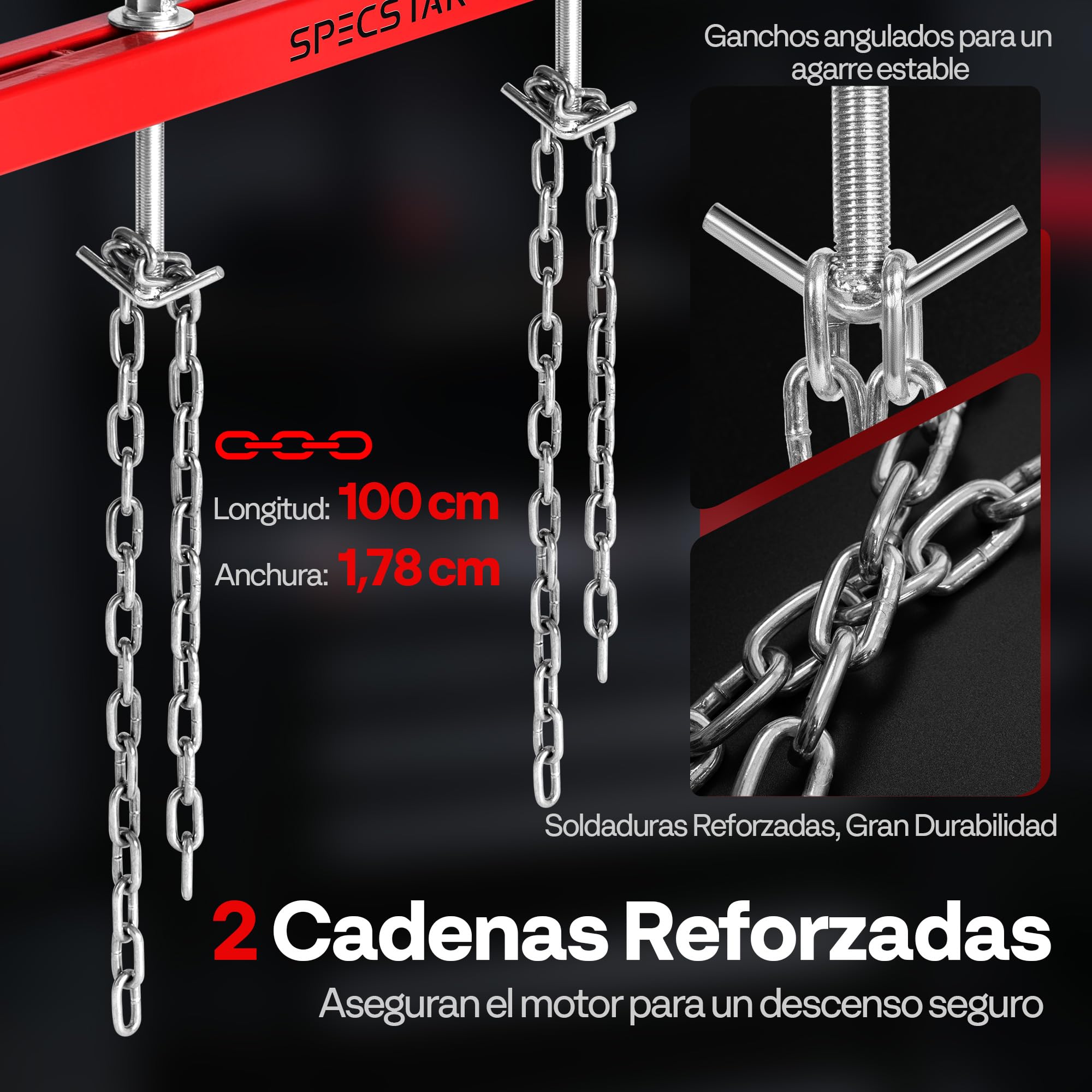 SPECSTAR Barra de Soporte de Motor 500 kg Travesaño para Motor y Transmisión | Ajustable 53,3–144,8 cm, Elevación de Doble Punto con Ganchos Dobles, Rotación 360° con Soporte de 2 Puntos y Ganchos Dobles