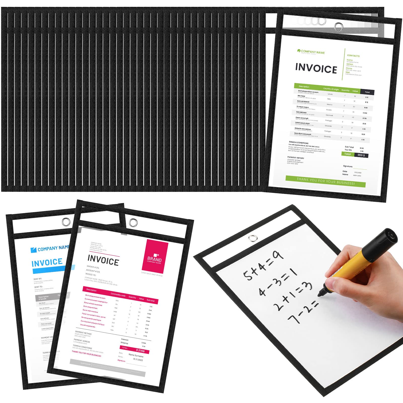 Outus 100 Pcs Dry Erase Pockets Bulk for 5 x 8 Inch Paper Reusable Plastic Sleeves Job Ticket Holder Black Clear Pocket Sleeves Waterproof Paper Double Side Ticket Holders for Classroom Office Hanging