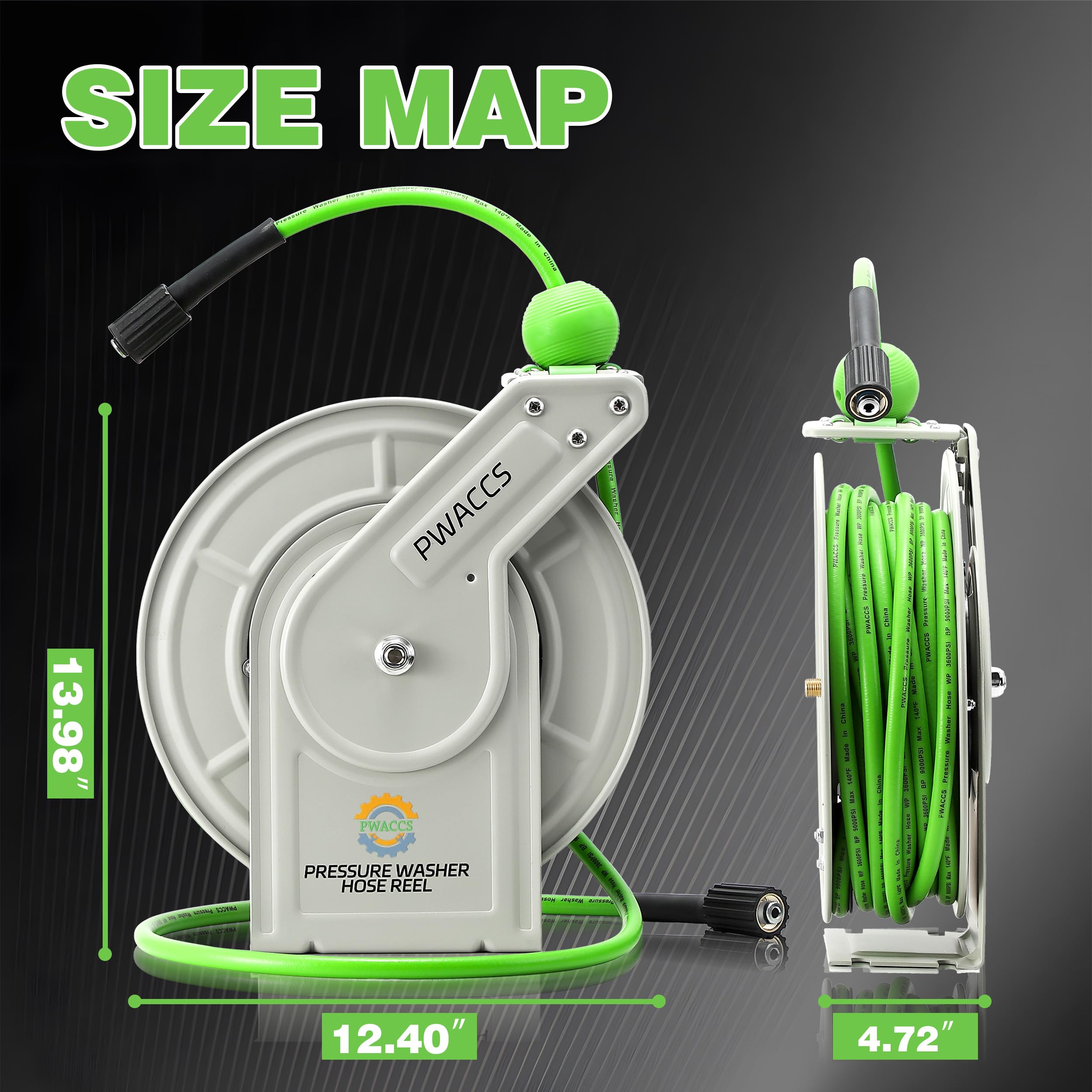 PWACCS Enrouleur de tuyau rétractable pour nettoyeur haute pression, 0,6 cm x 18,3 m, enrouleur haute pression, enrouleur automatique, montage mural/sol, 3600 PSI
