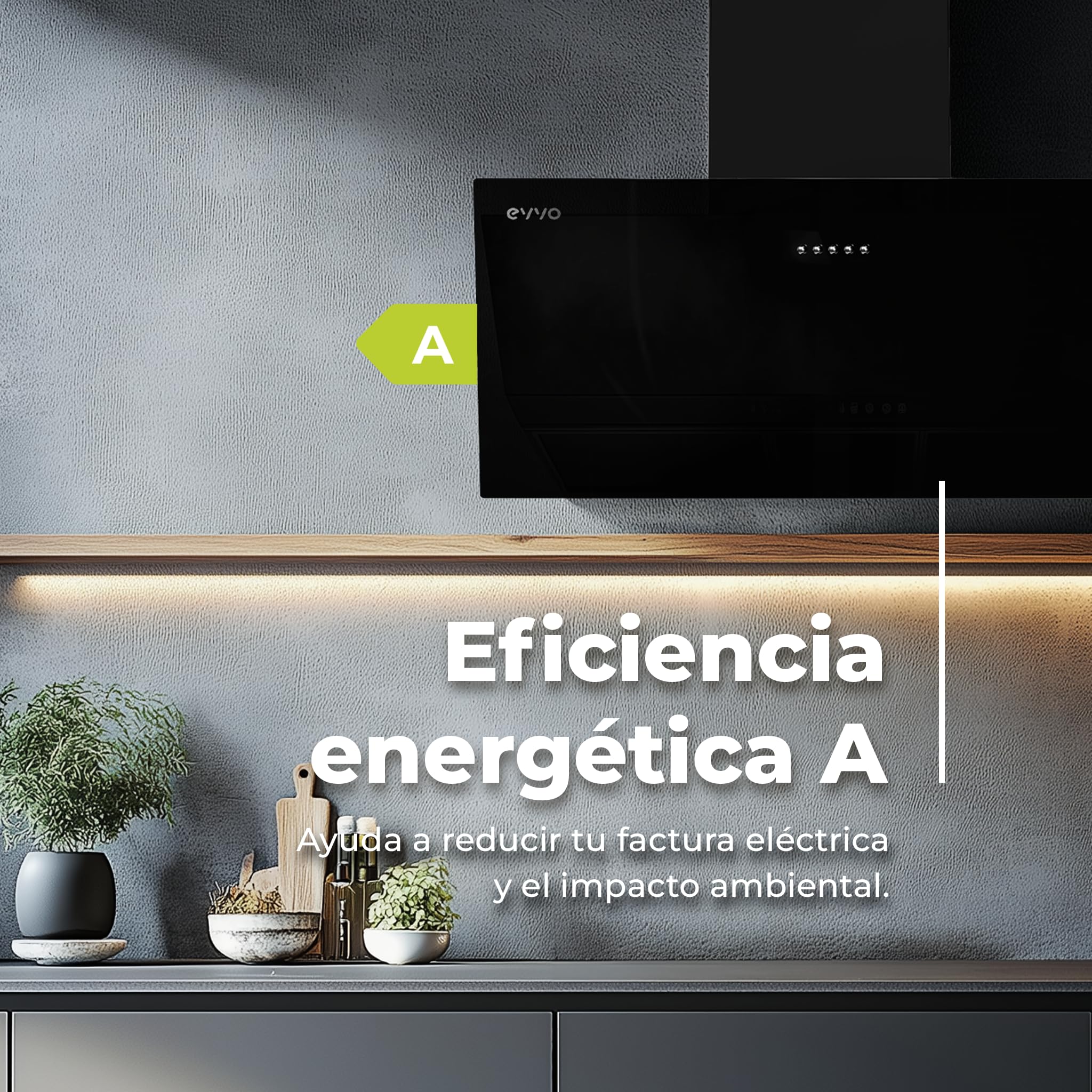 EVVO Campana Extractora 90 cm Decorativa, Potencia 650 m³/h, Filtro de Carbono Activo y de Alumino 5 Capas, 3 Velocidades, 2 luces LED, Eficiencia energética A (CE45 Cristal Black) — view 5