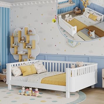 Full Size Kid Bed with Rails,Wooden Kids Day Bed with Detachable Safety Rails and Rounded Corners, Montessori Bed Frame with Headboard,Full Size Bed Frame for Kids Girls White