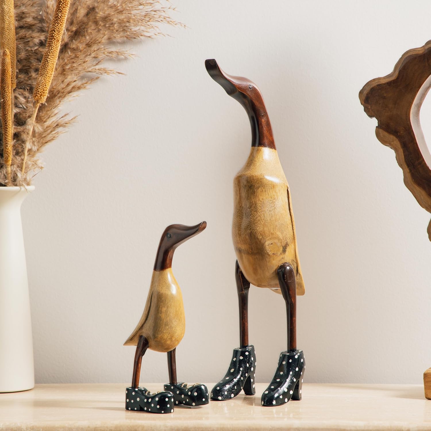 Deco 79 Bamboo Wood Duck Decorative Sculpture Home Decor Statues with High Heels and Boots, Set of 2 Accent Figurines 17", 12"H, Brown