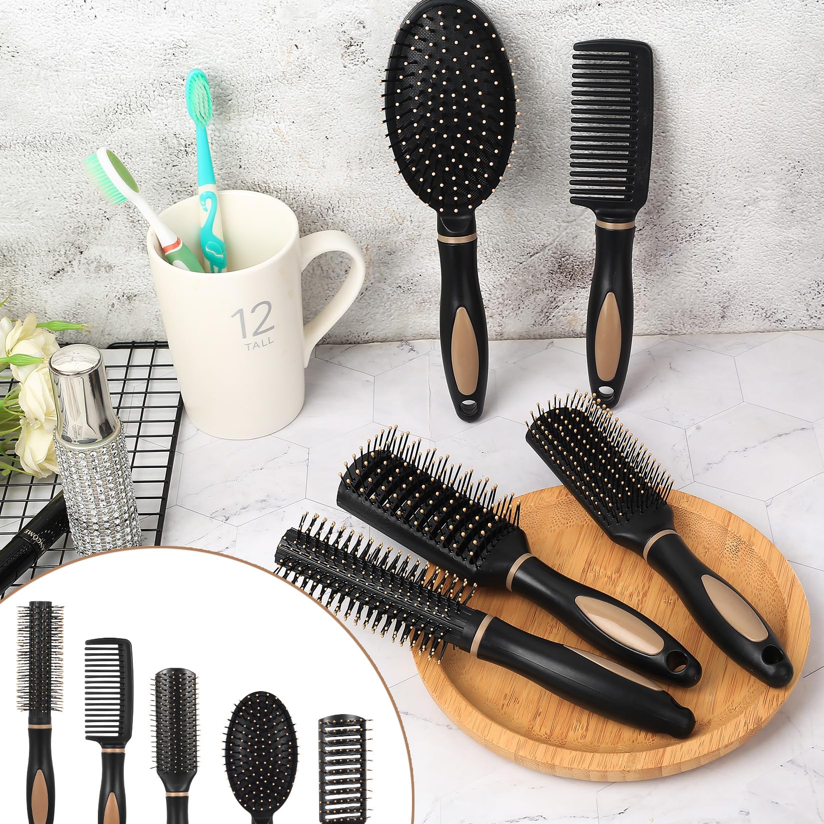 Juego de 5 cepillos de pelo antienredos para mujeres y hombres, cepillos para desenredar, juego de cepillos de pala, juego de cepillos para el cabello, peines antiestáticos para mujeres y hombres