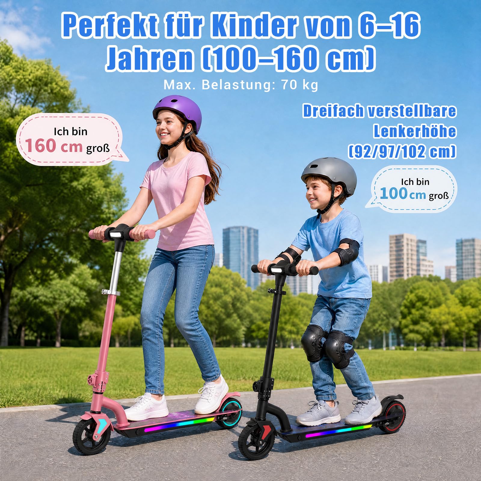 Elektroroller für Kinder von 6-16 Jahren 100cm-160cm 5.2A Batterie 3 Geschwindigkeitsstufen (6/10/16 km/h) 16km Reichweite Höhenverstellbar Reichweite faltbar LED-Display E-Scooter für Kinder