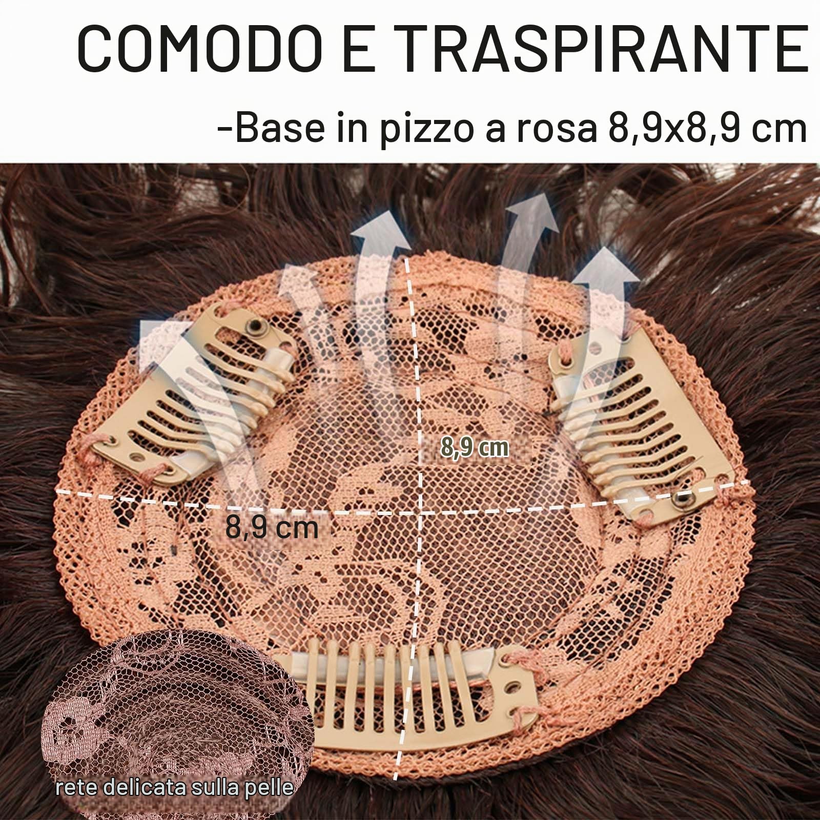 Topper per capelli veri ricci in seta da 3,5"x3,5" per donne con capelli radi, clip corta da 6" per cuoio capelluto realistico, pezzi superiori per uso quotidiano (marrone scuro)