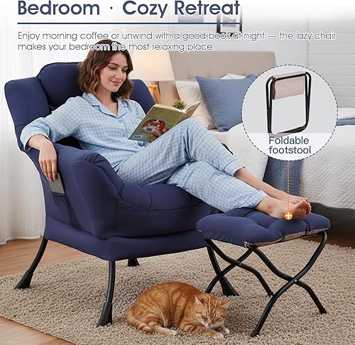 Miniatura 5 de Silla perezosa grande con otomana, silla de lectura decorativa con una almohada, acogedora silla de salón con reposabrazos, sofá de ocio para sala