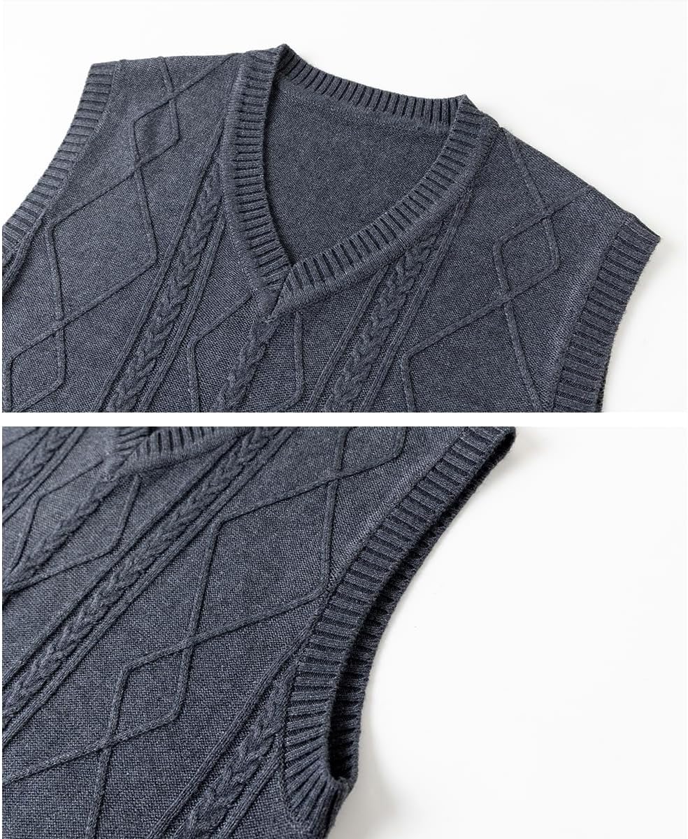 Men's Argyle Sweater Vest Classic V-Neck Knitwear Sleeveless Pullover Warm Cable Knitted Tank Top Dark Grey - Image 4