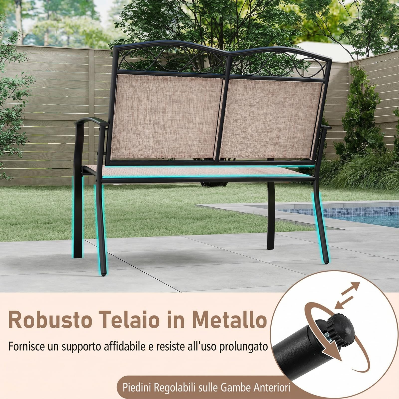 COSTWAY Panca da Esterno per 2 Persone con Tessuto Traspirante in Textilene | Divano in Metallo Robusto con Braccioli Curvi per Giardino, Veranda, Piscina, Portata Massima 300 kg