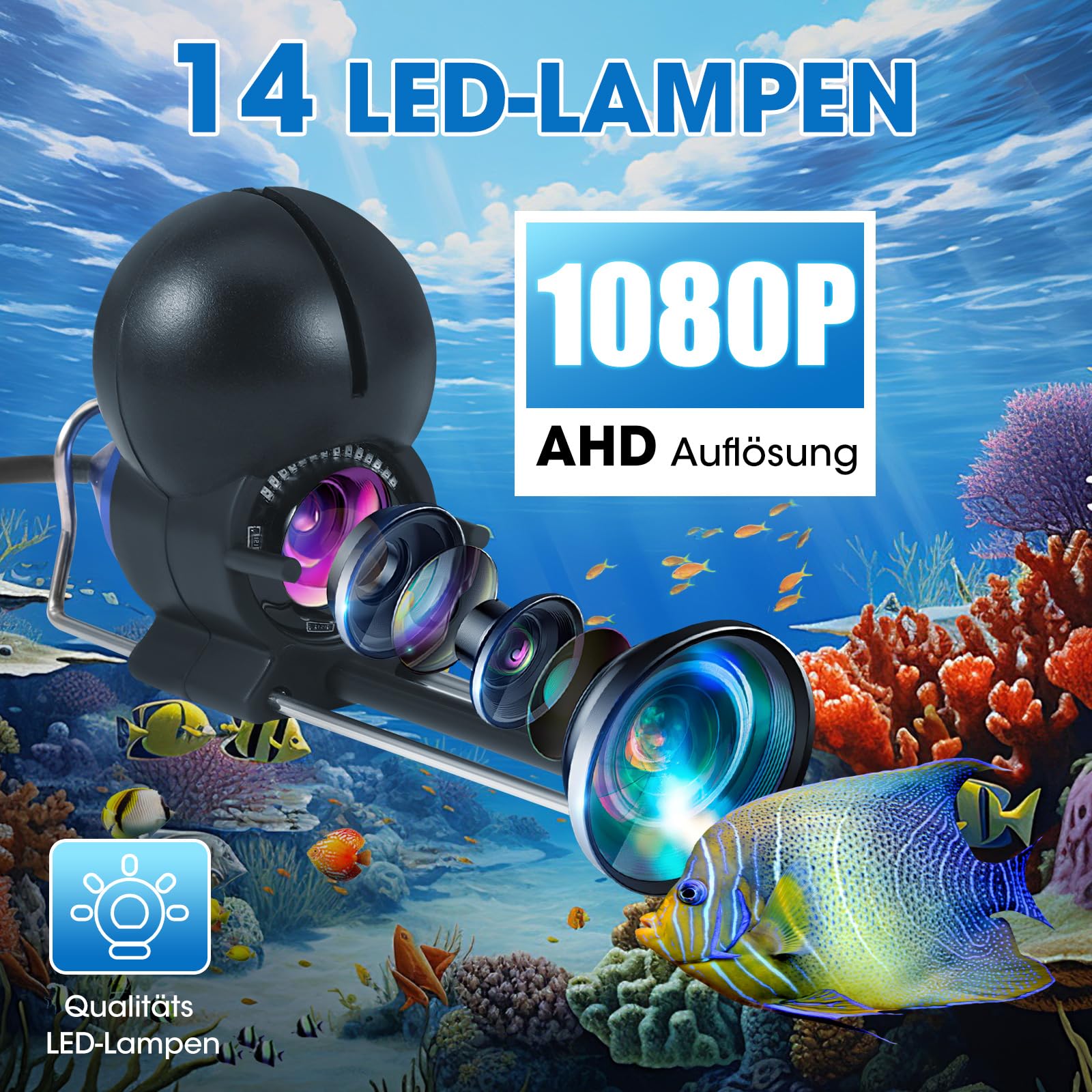 Fishfinder Cámara Submarina Pesca, Gran Angular Infrarrojo Visión Nocturna, Cámara Submarina Buscador de Peces con 220° HD Cámara y 30 m de Cable para Todas las Aguas - Cámara de Pesca para Pescadores