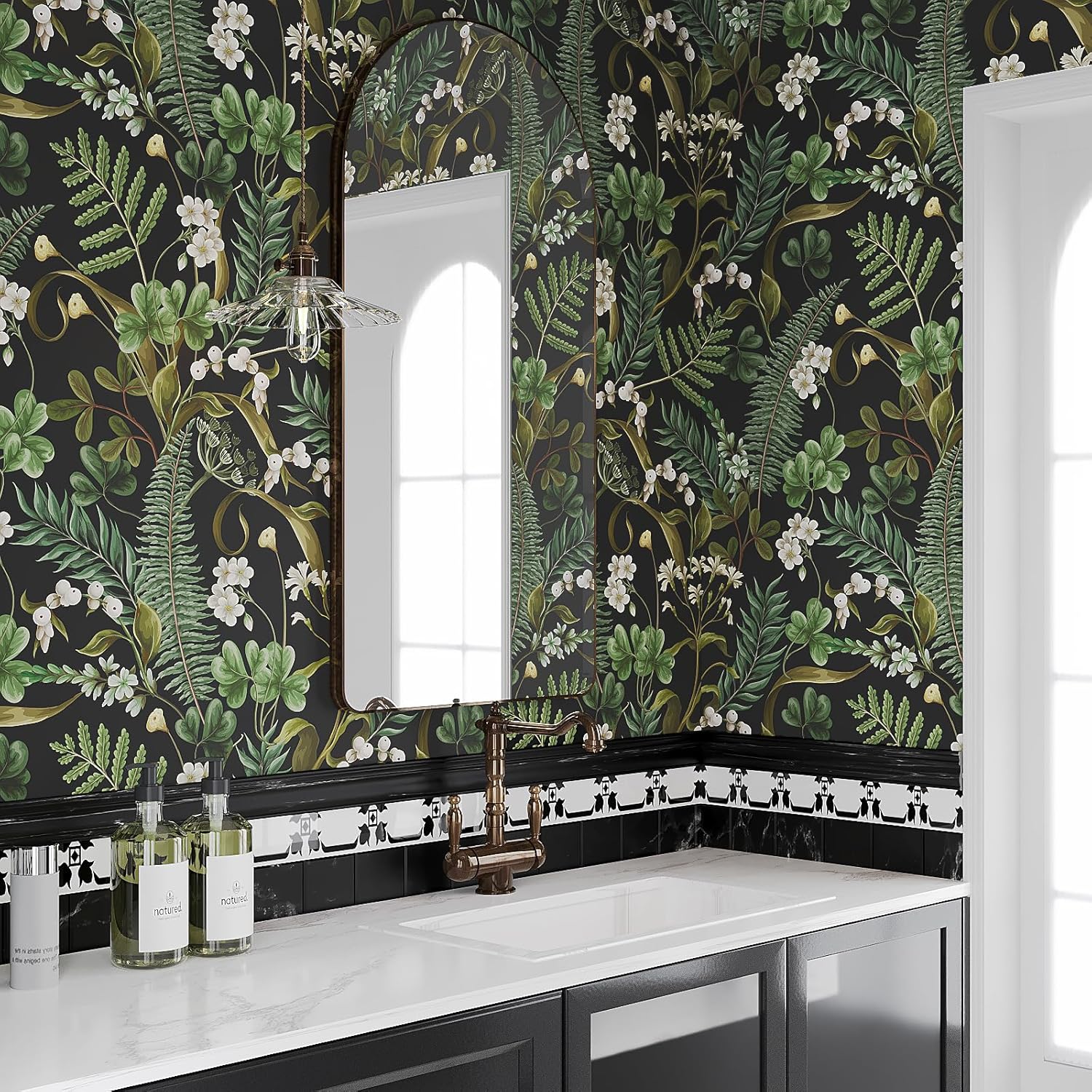VEELIKE 17.7''x354'' Black Ferns Peel and Stick Wallpaper Vintage Tropical Wallpaper for Bedroom Bathroom Removable Dark Forest Wall Paper Adhesive Floral Contact Paper for Cabinets Drawer Accent Wall