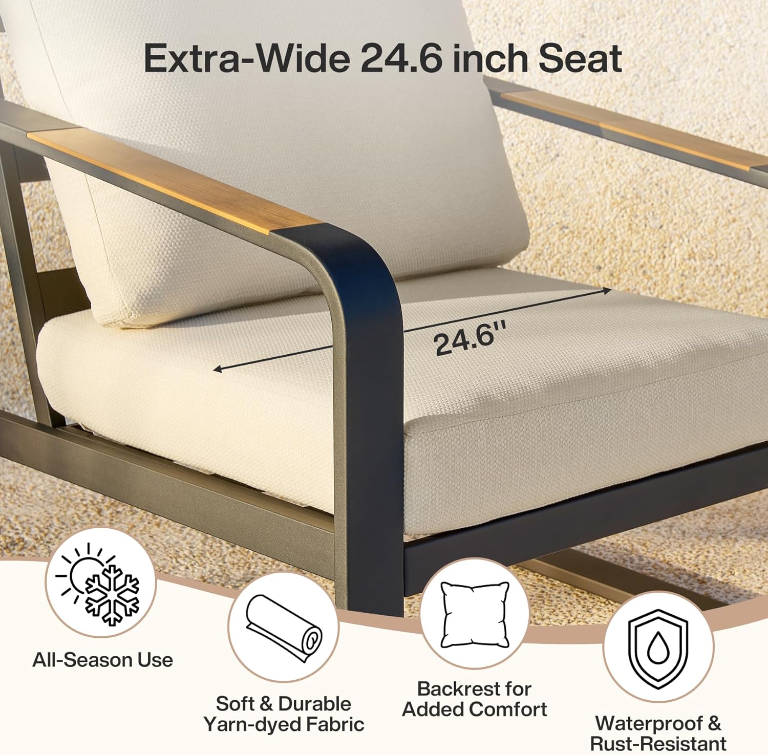Tribesigns Outdoor Patio Lounge Chair with Beige Cushions, Black Aluminum Frame, Wood Armrests, Modern Style