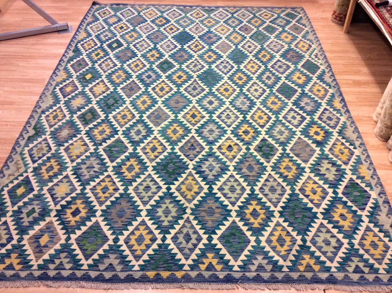 Geniune Afghan Chobi Kilim BLUE MULTI COLOUR 100% Wool Handwoven Reversible Carpet Rug Geometric Tribal Style Rug Large 259x341cm - 8'7''x11'3''