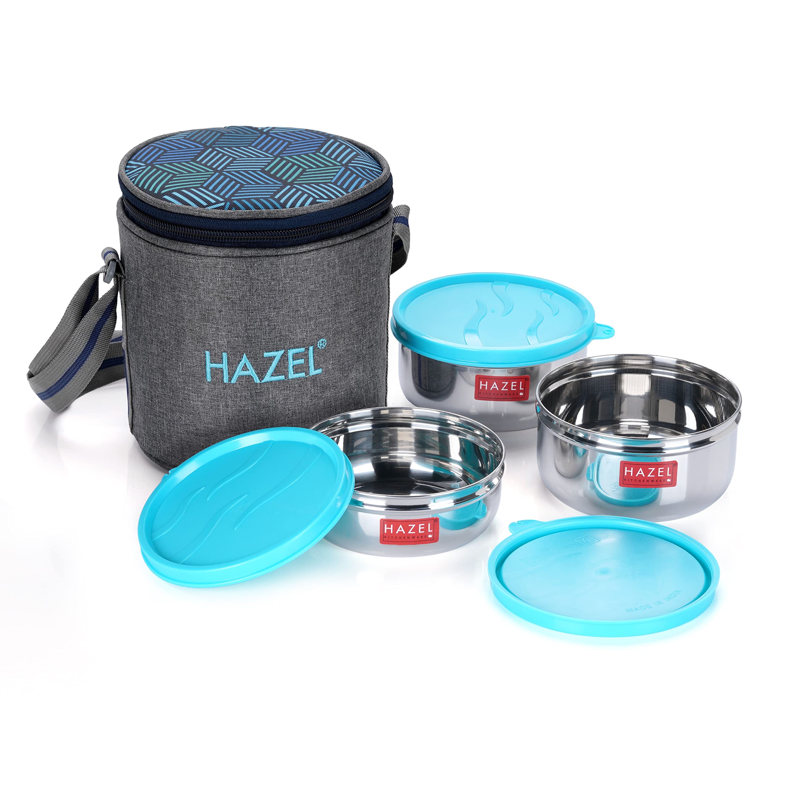 HAZEL Stainless Steel Lunch Box with Lunch Box Bag | Steel Box Set of 3 Air Tight Tiffin Boxes | Leak Proof (1 Pc 300 ml, 2 Pc 450 ml Containers) with Cylindrical Lunch Bag with Strap