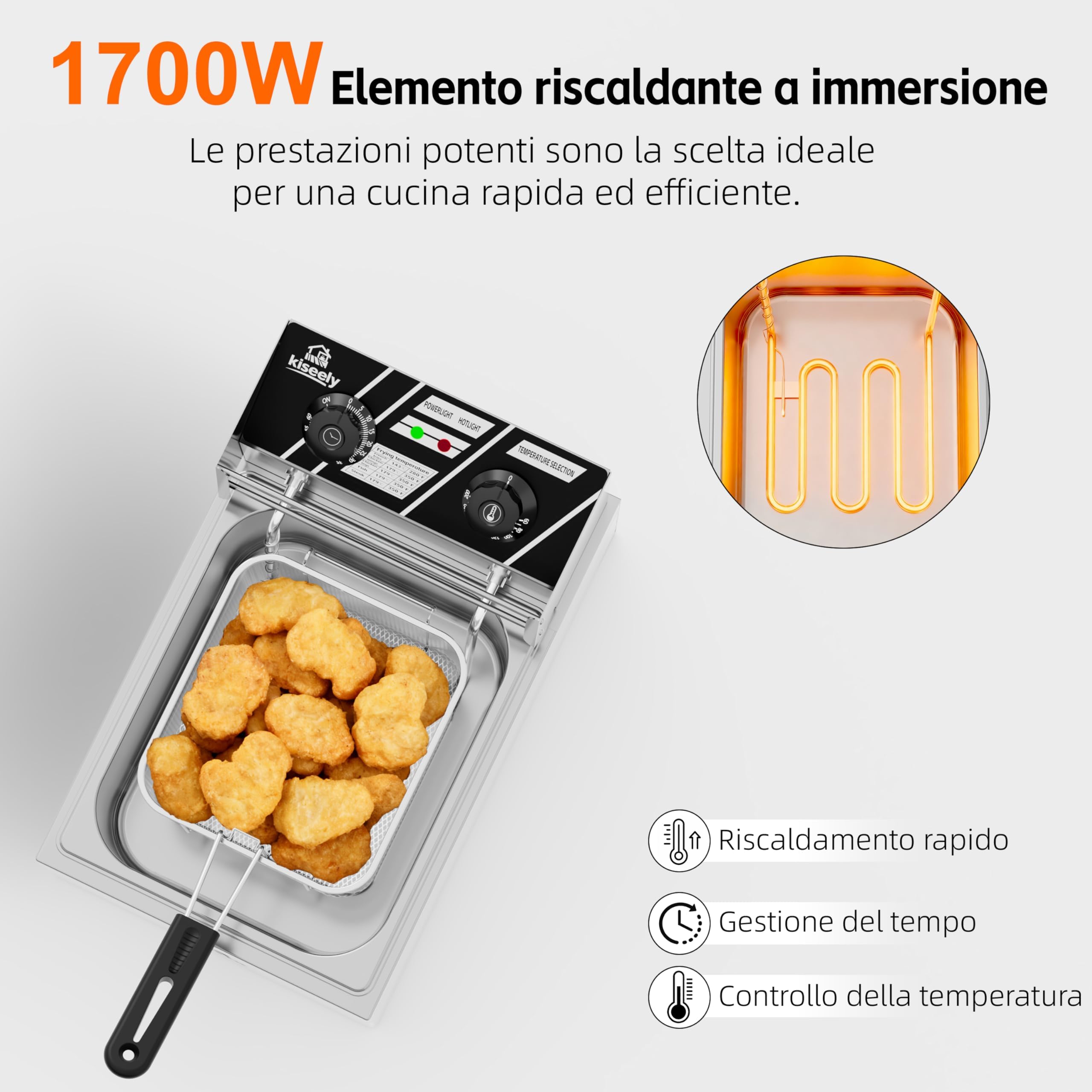 Friggitrice elettrica da 20 litri, friggitrice commerciale da 3500W con cestelli, friggitrice a doppia vasca in acciaio inossidabile con controllo del tempo e della temperatura (Single Fryer 10L IO4)