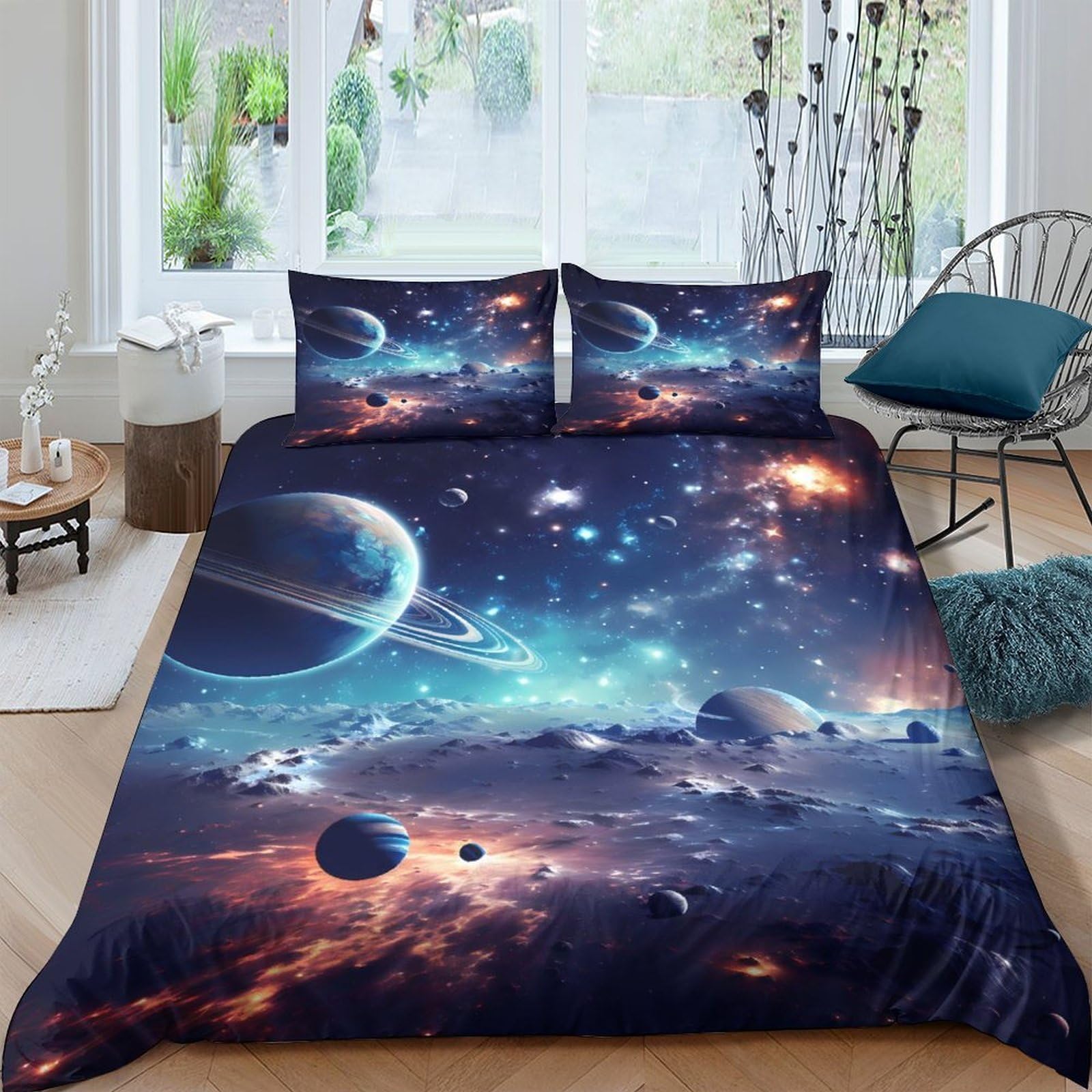 3D Printed Space scene Quilt Cover Breathable Fabric Cosmic galaxy art Bedding Cover Stain Resistant Shrink Resistant Soft Comfortable Machine Washable for Home Use Single（140x200cm）