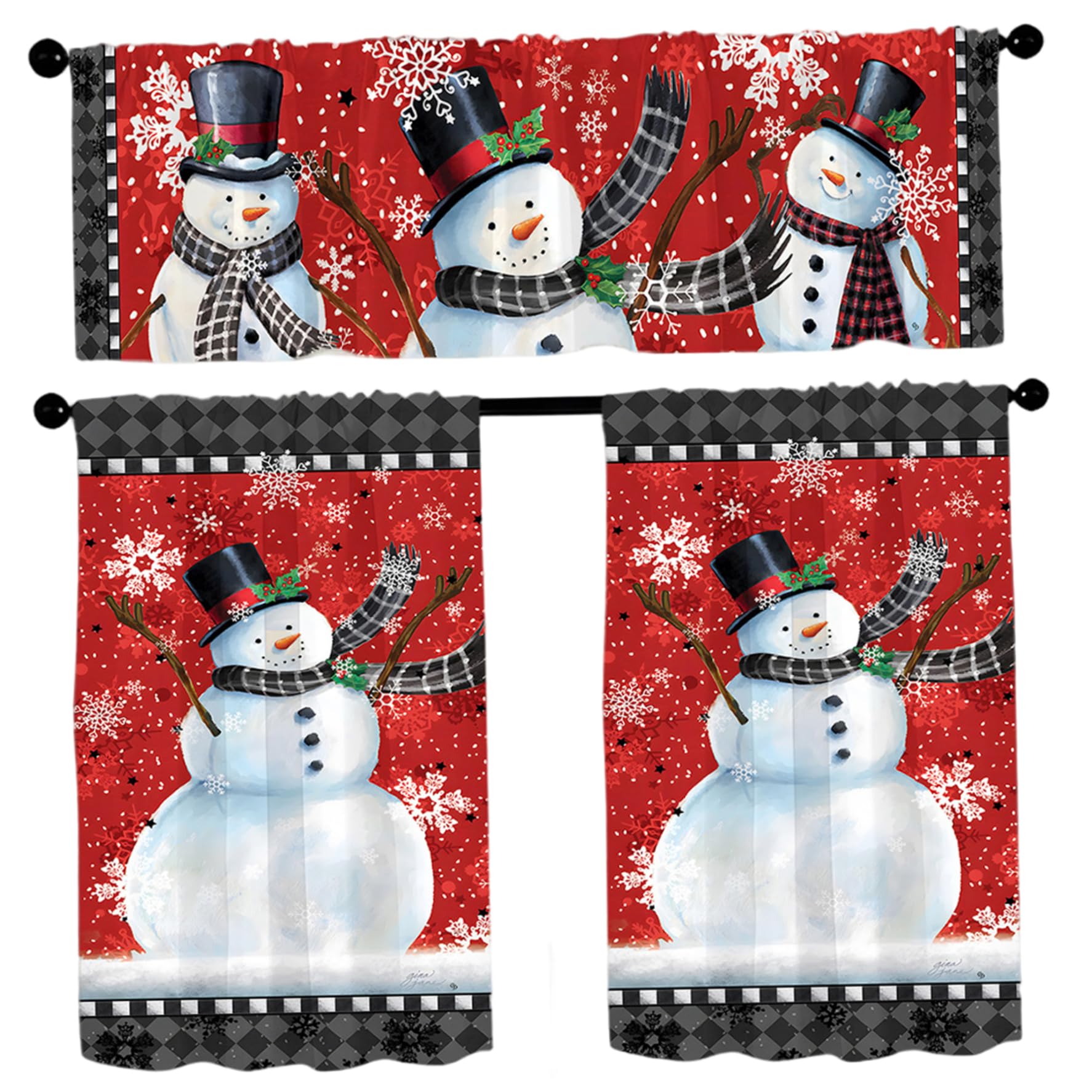 Gcroet 3Pcs Christmas Curtains for Kitchen, Cute Snowman Christmas Valance Snowflake Print Rod Pocket Tier Curtains for Living Room Bedroom