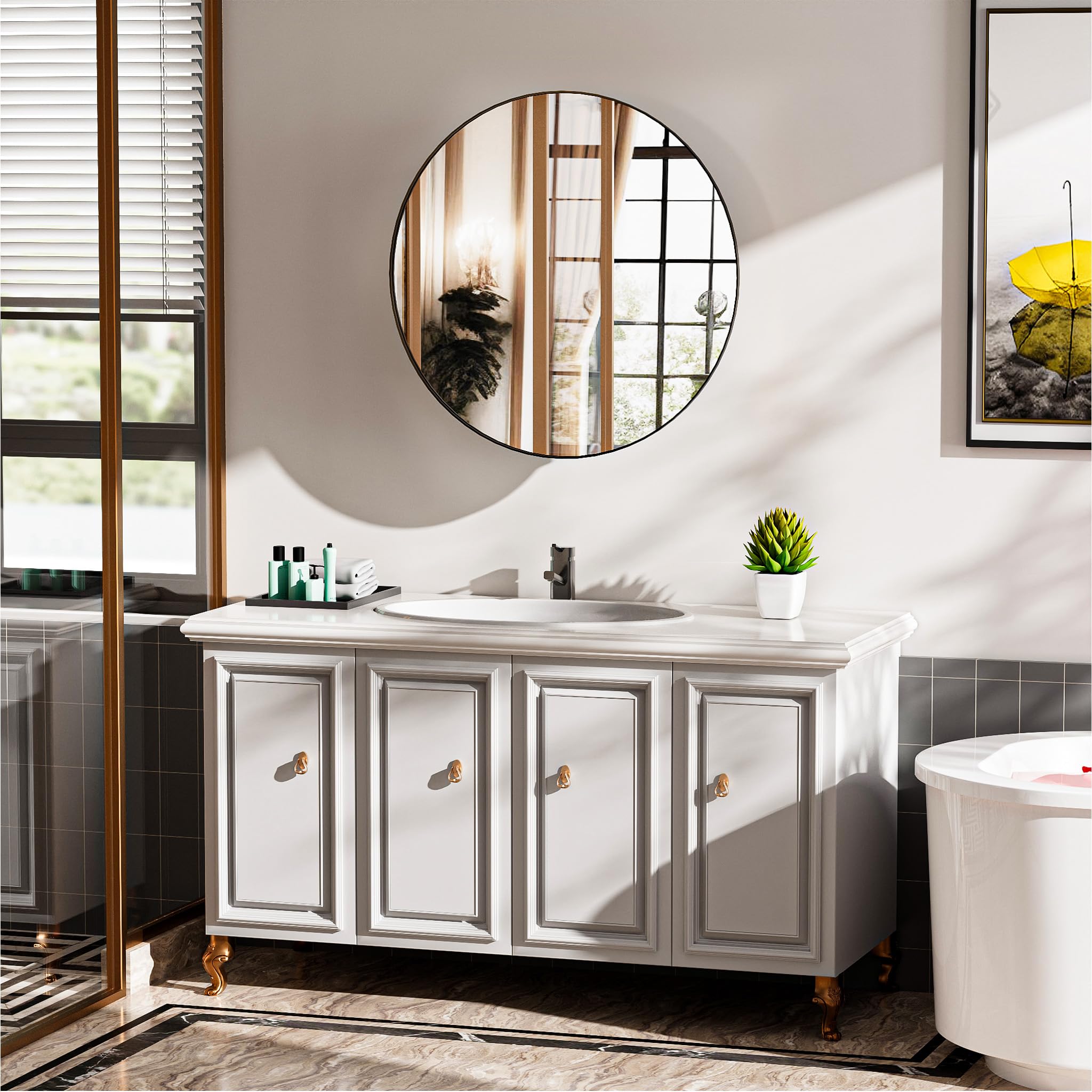 Armoire Salle de Bain avec Miroir Murale Arrondi Métal Armoire de Toilette Miroir avec 2 Étagère Noir (Aucun Assemblage requis) 52x52x12.5 cm