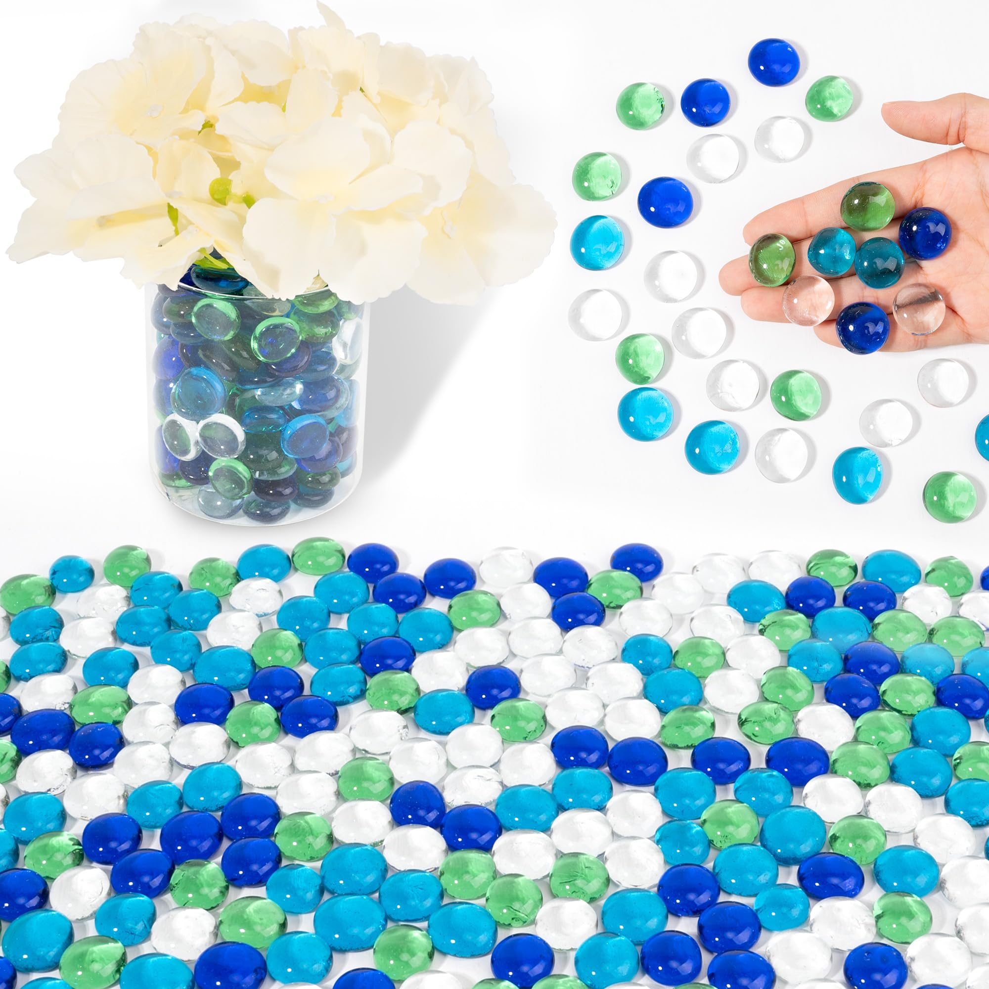 4 Colors Glass Beads for Vases, 440g Mancala Stones, Decorative Vase Filler Beads Gems, Flat Marbles for Flower Holder, Crafts, Flat Glass Marbles Pebbles for Aquarium Decor, Fish Tank Decorations